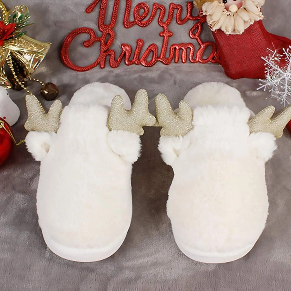 KESYOO 1 Pair Christmas Women Slippers Warm Cotton Slippers Non Slip Slippers with Reindeer Horn for Xmas Holiday Woman Winter (Beige, 38ï¼‰