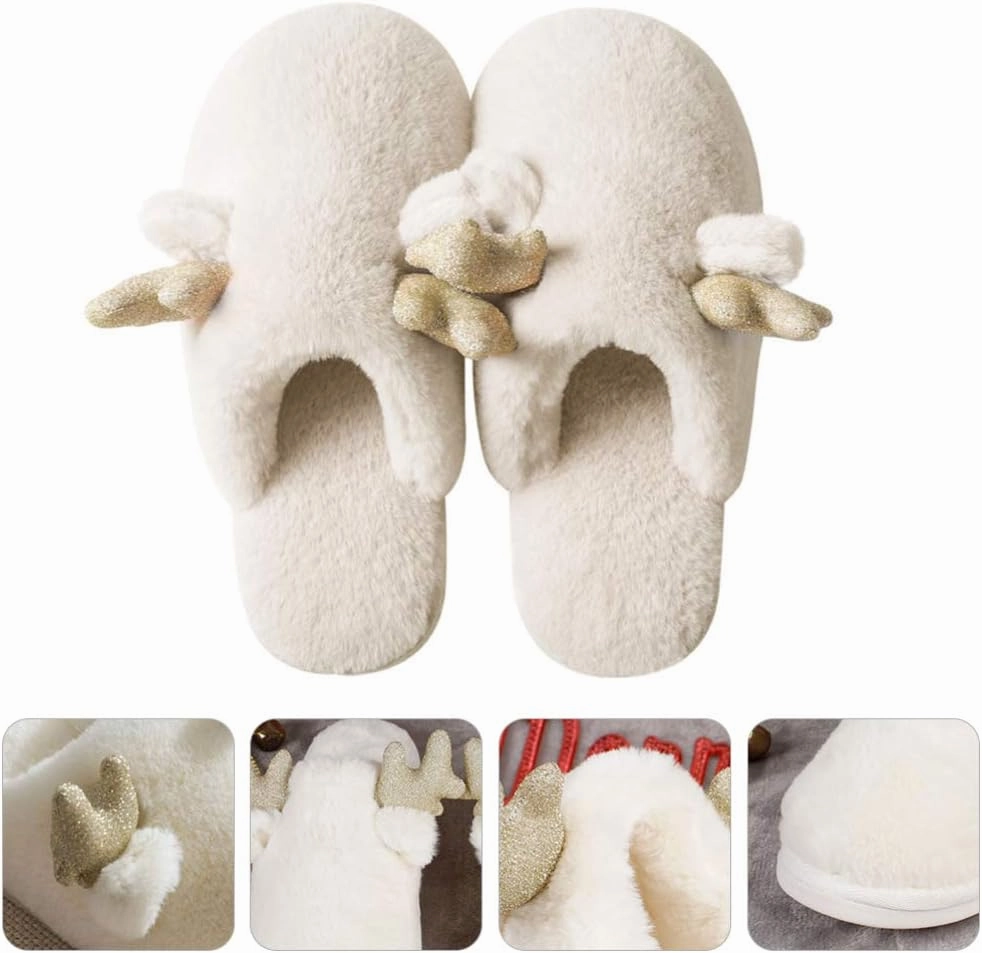 KESYOO 1 Pair Christmas Women Slippers Warm Cotton Slippers Non Slip Slippers with Reindeer Horn for Xmas Holiday Woman Winter (Beige, 38ï¼‰