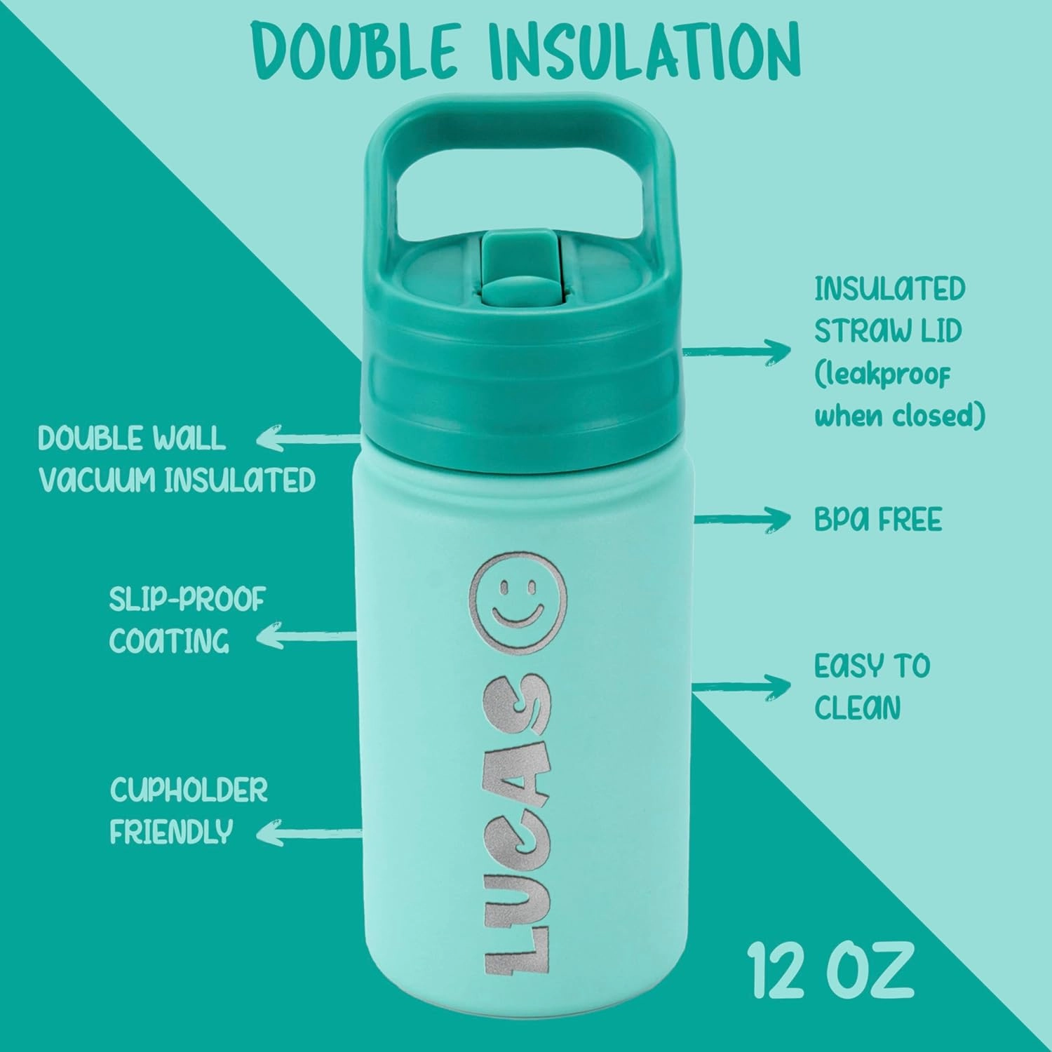 Kids Custom Water Bottle - Engraved Name & Icon, 12 oz, BPA-Free, Stays Cold for 24 Hours, Gift Ready - Teal