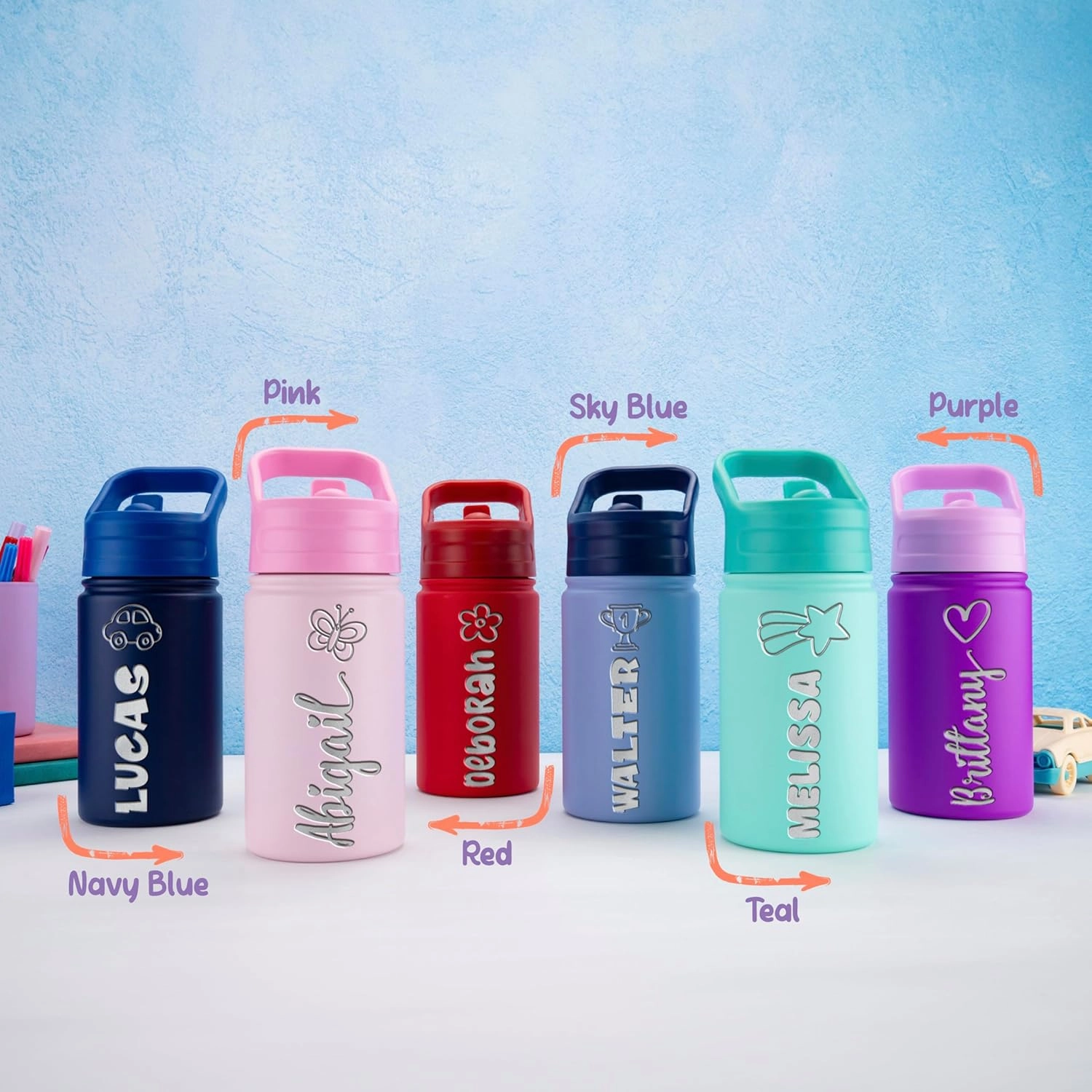 Kids Custom Water Bottle - Engraved Name & Icon, 12 oz, BPA-Free, Stays Cold for 24 Hours, Gift Ready - Teal