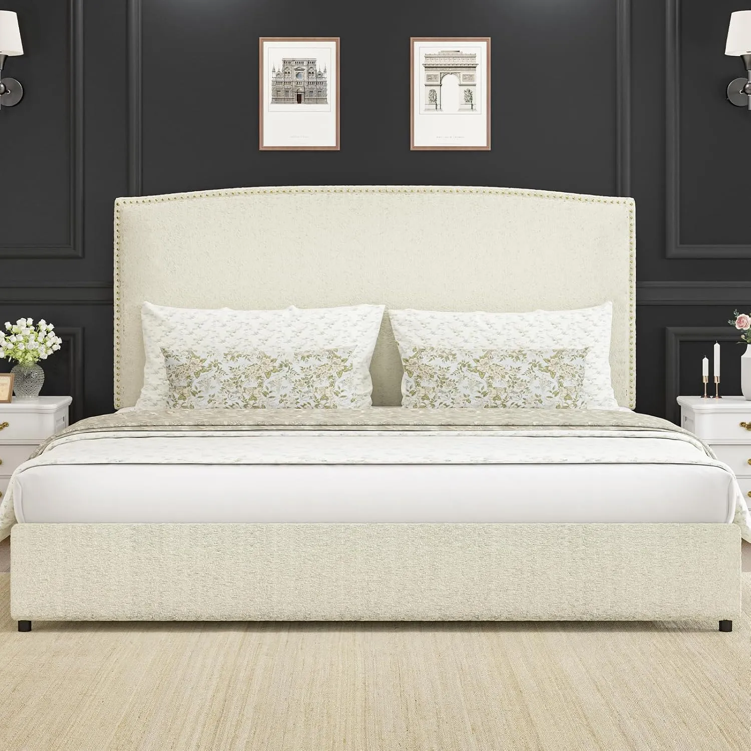 King Size Upholstered Platform Bed Frame with 56" Headboard, Soft Boucle Fabric, Mid-Century Modern Design, No Box Spring Required, Easy Assembly, Beige