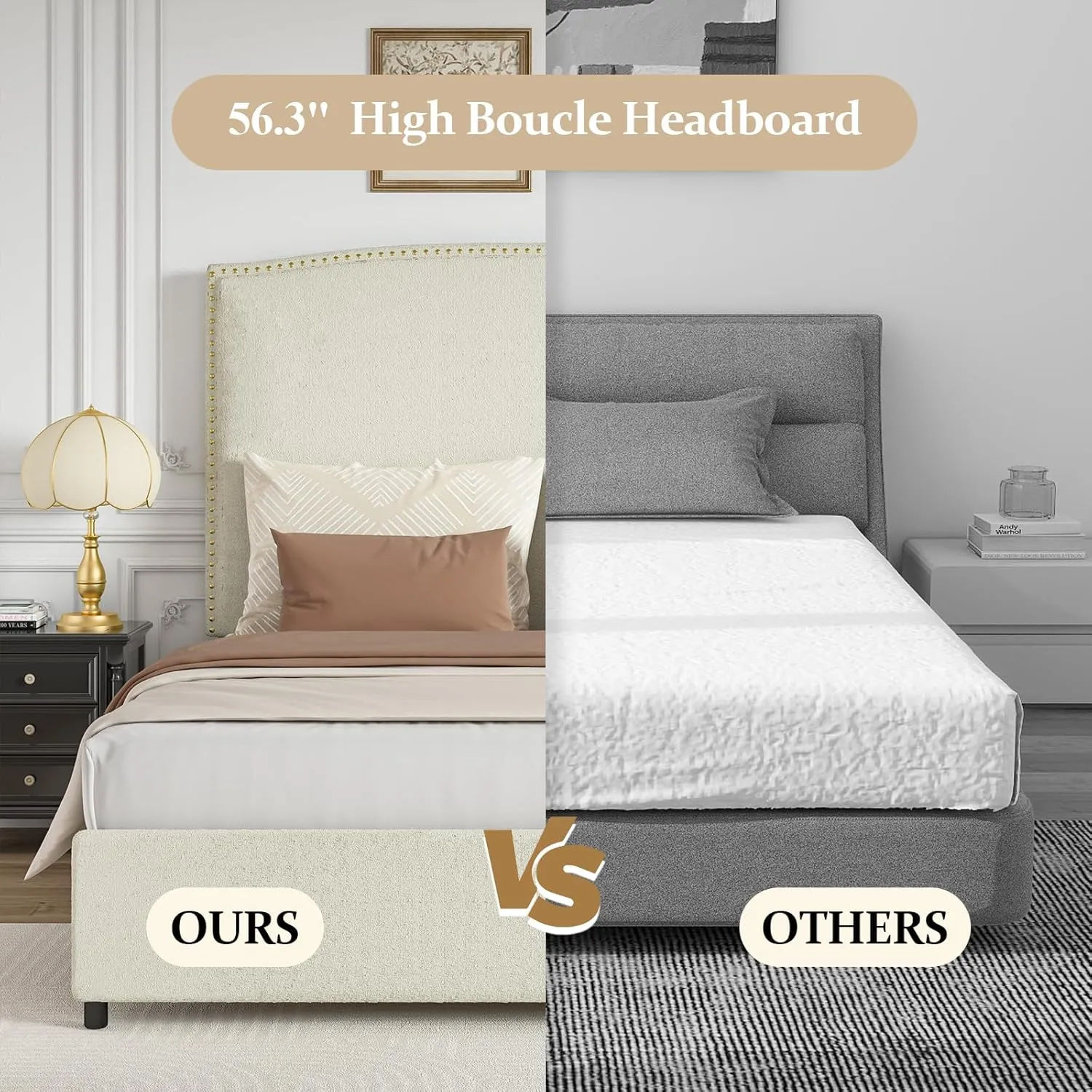 King Size Upholstered Platform Bed Frame with 56" Headboard, Soft Boucle Fabric, Mid-Century Modern Design, No Box Spring Required, Easy Assembly, Beige