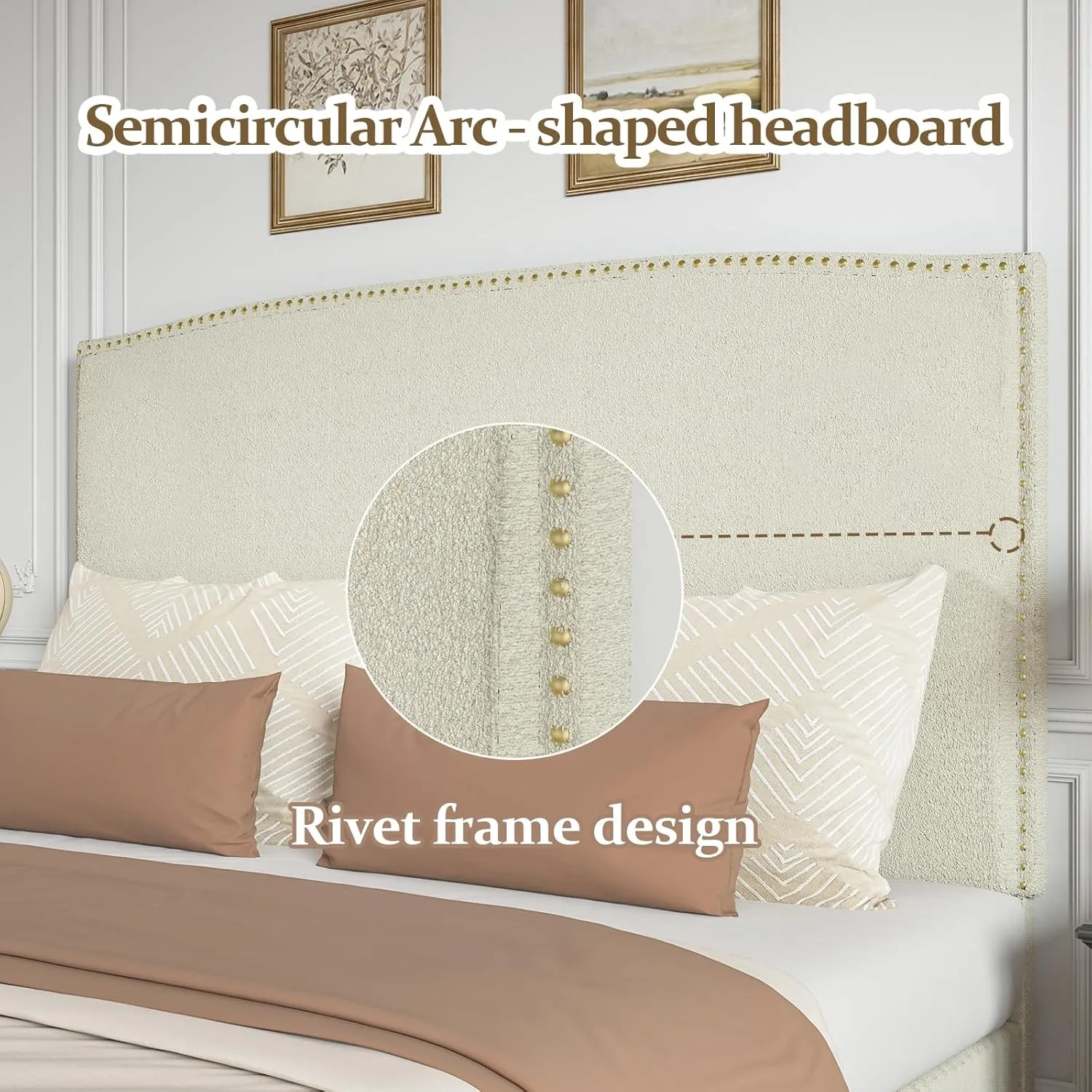 King Size Upholstered Platform Bed Frame with 56" Headboard, Soft Boucle Fabric, Mid-Century Modern Design, No Box Spring Required, Easy Assembly, Beige