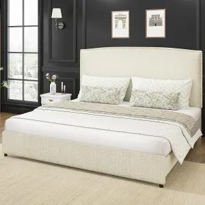 King Size Upholstered Platform Bed Frame with 56" Headboard, Soft Boucle Fabric, Mid-Century Modern Design, No Box Spring Required, Easy Assembly, Beige