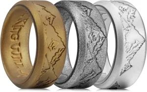 King Will Silicone Rings For Men, Black & Olive Green & Brown & Metallic copper & Metallic silver Rubber Wedding Bands with Unique Mountain Peak Design, 8mm Wide 2.2mm Thick, Comfort Fit Size 7-13