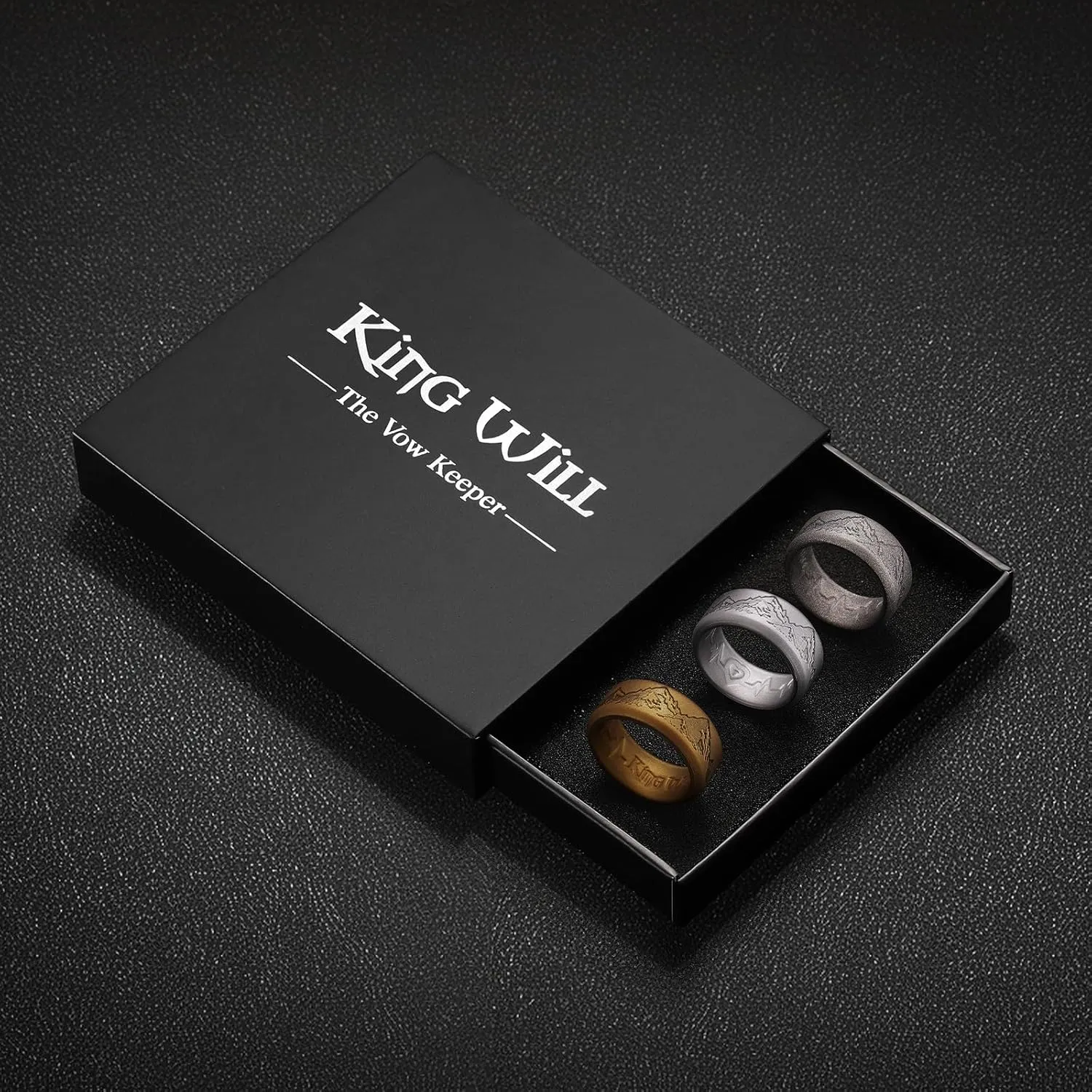 King Will Silicone Rings For Men, Black & Olive Green & Brown & Metallic copper & Metallic silver Rubber Wedding Bands with Unique Mountain Peak Design, 8mm Wide 2.2mm Thick, Comfort Fit Size 7-13