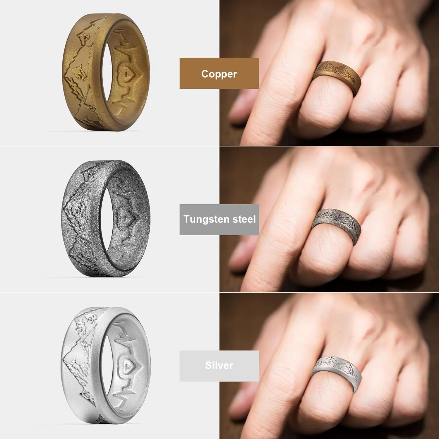 King Will Silicone Rings For Men, Black & Olive Green & Brown & Metallic copper & Metallic silver Rubber Wedding Bands with Unique Mountain Peak Design, 8mm Wide 2.2mm Thick, Comfort Fit Size 7-13