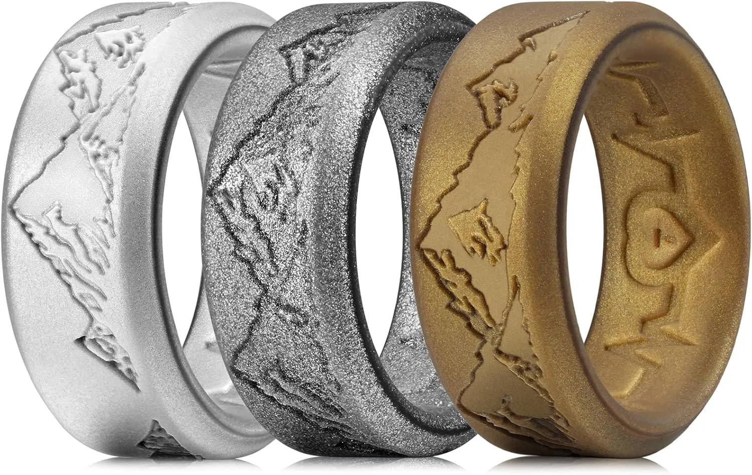 King Will Silicone Rings For Men, Black & Olive Green & Brown & Metallic copper & Metallic silver Rubber Wedding Bands with Unique Mountain Peak Design, 8mm Wide 2.2mm Thick, Comfort Fit Size 7-13