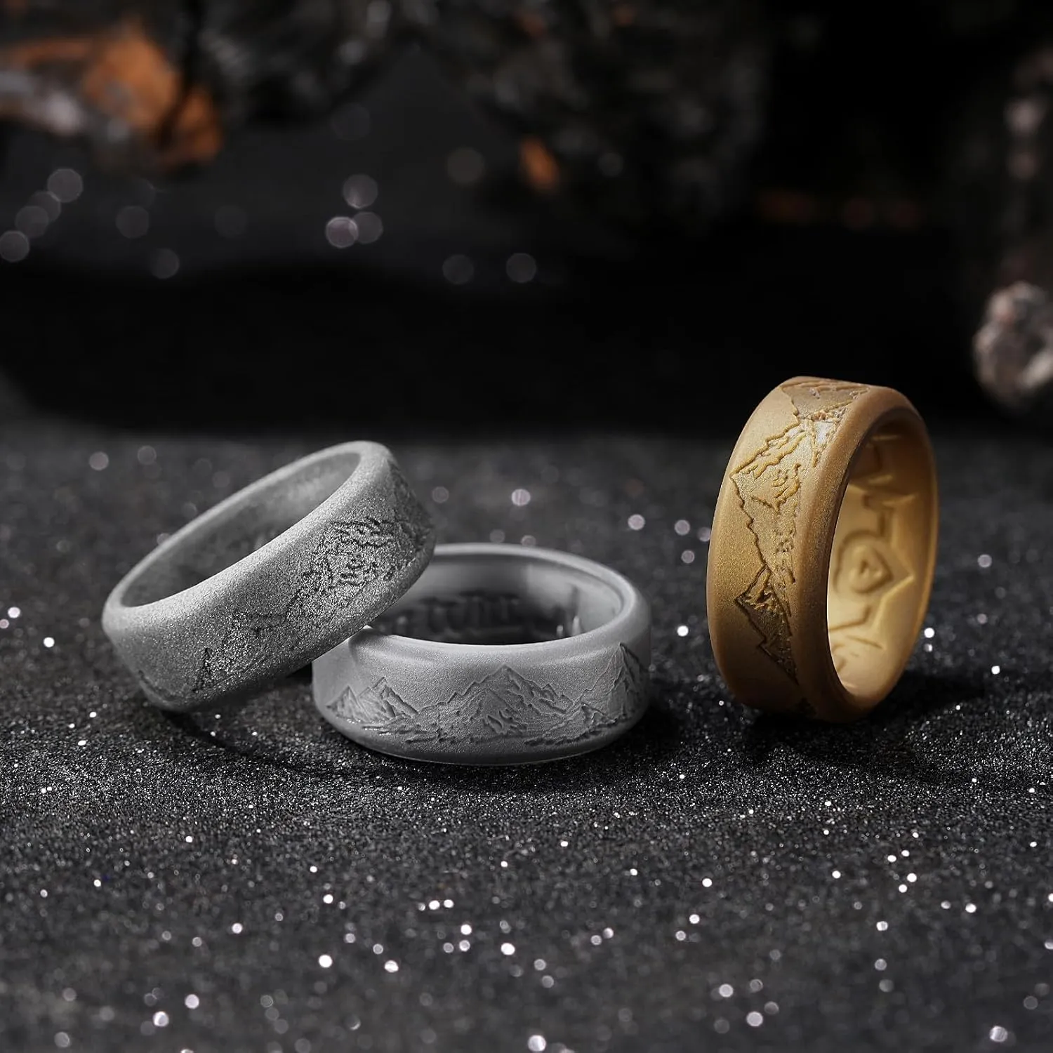 King Will Silicone Rings For Men, Black & Olive Green & Brown & Metallic copper & Metallic silver Rubber Wedding Bands with Unique Mountain Peak Design, 8mm Wide 2.2mm Thick, Comfort Fit Size 7-13