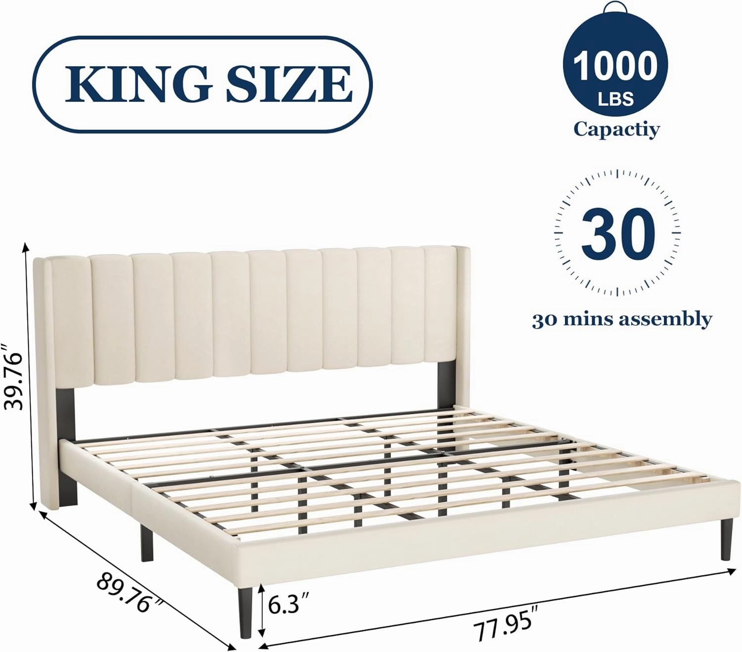 King Size Bed Frame and Headboard,Vertical Channel Tufted Wingback No Box Spring Needed, Mattress Foundation, Easy Assembly, Beige