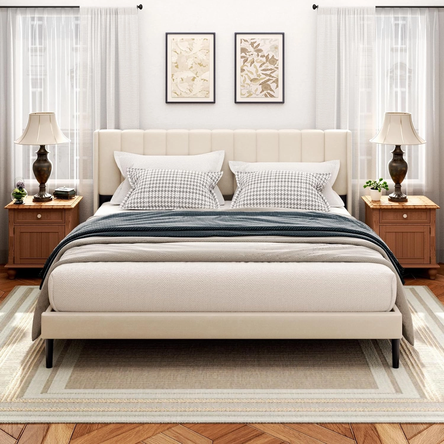 King Size Bed Frame and Headboard,Vertical Channel Tufted Wingback No Box Spring Needed, Mattress Foundation, Easy Assembly, Beige