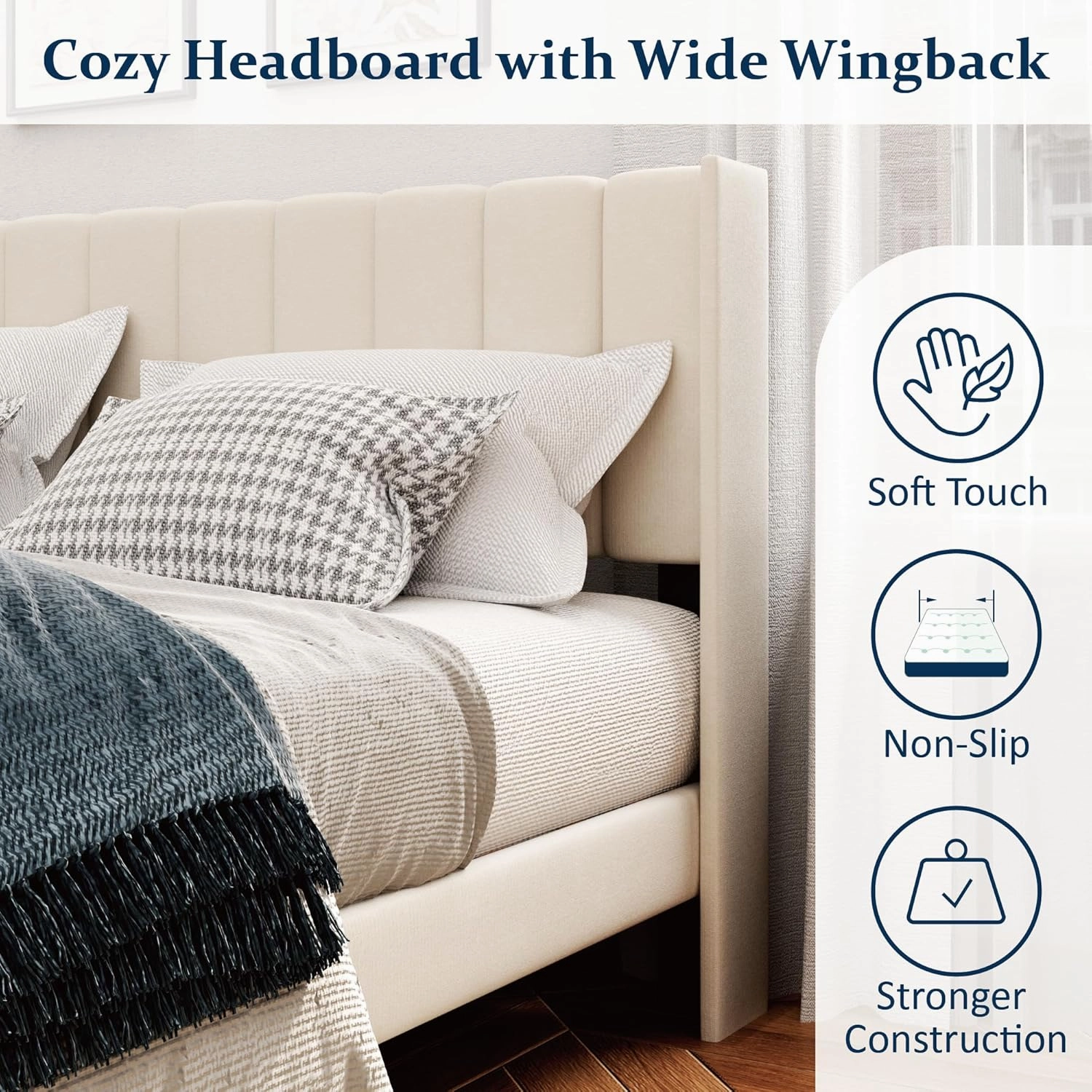 King Size Bed Frame and Headboard,Vertical Channel Tufted Wingback No Box Spring Needed, Mattress Foundation, Easy Assembly, Beige