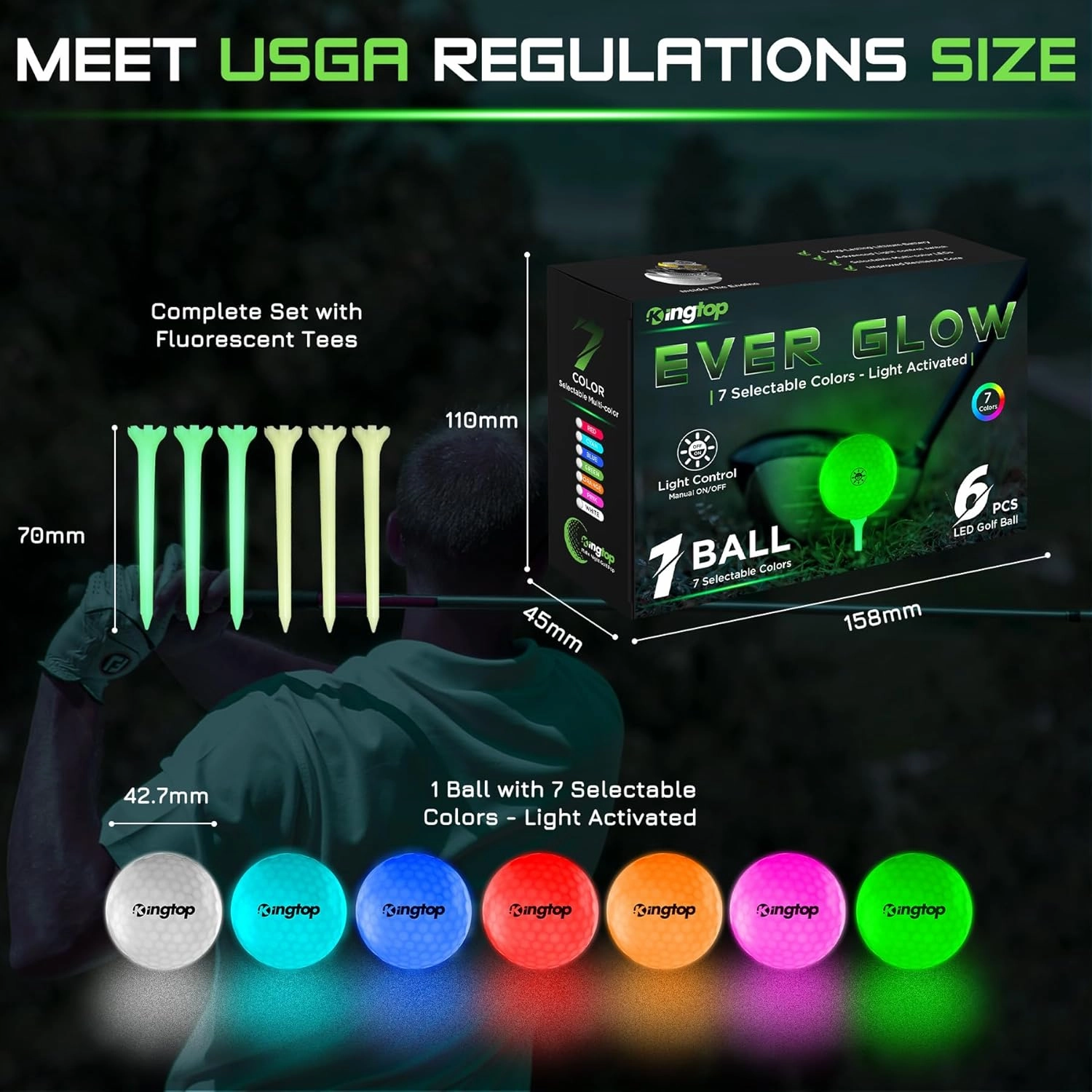 KINGTOP Upgraded Glow in The Dark Golf Balls - Super Bright Light Up LED Golf Ball - with Glow Golf Tees and Storage Bag - Fun Night Golfing Gift for Men and Women | Backyard Putting Greens