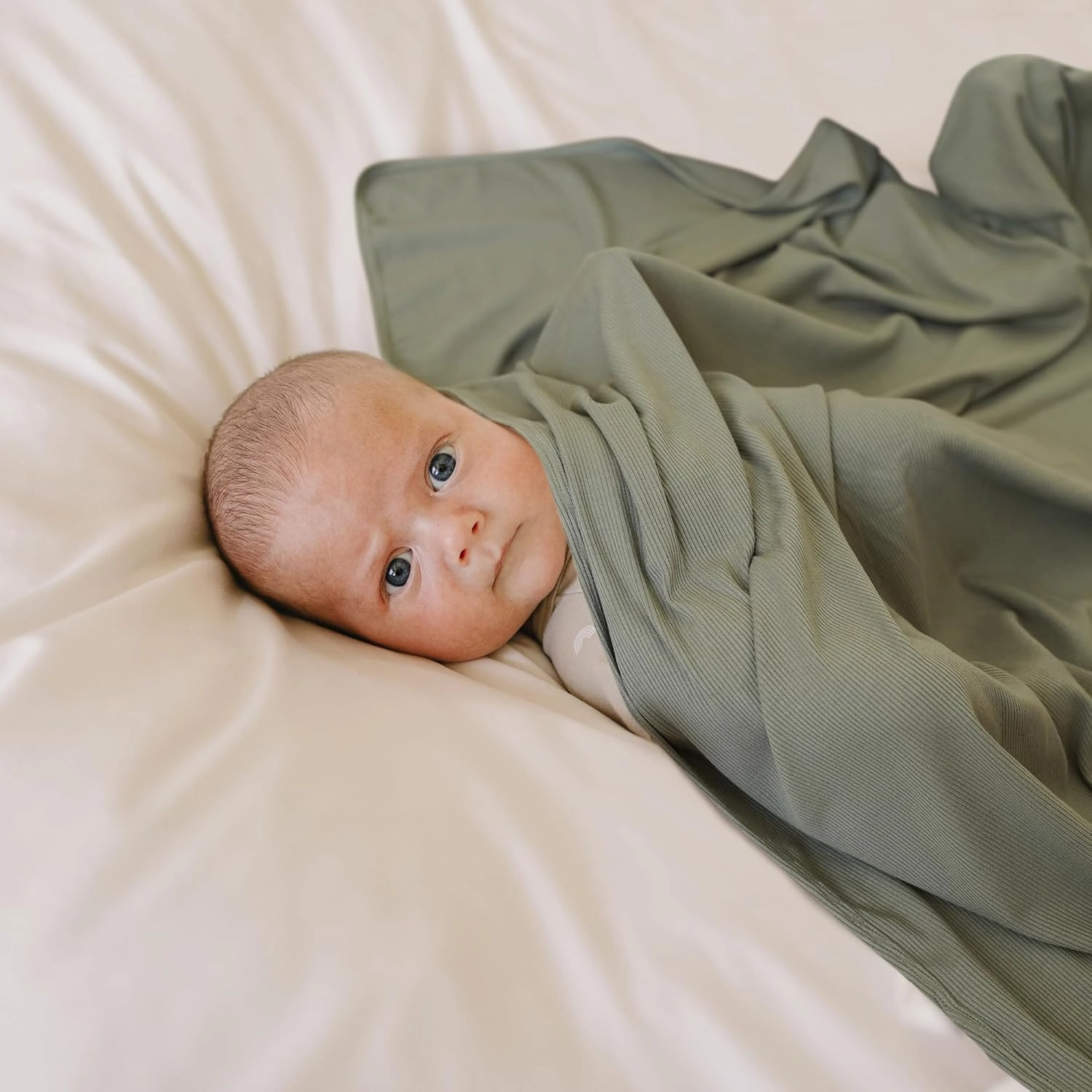 Konssy Knit Baby Blanket 2 Pack, Soft Ribbed Swaddle Receiving Blankets for Boys & Girls, Lightweight Cozy Swaddling Wrap for Newborns, Infants, & Toddlers, 33x42 Inch (Beige, Sage)