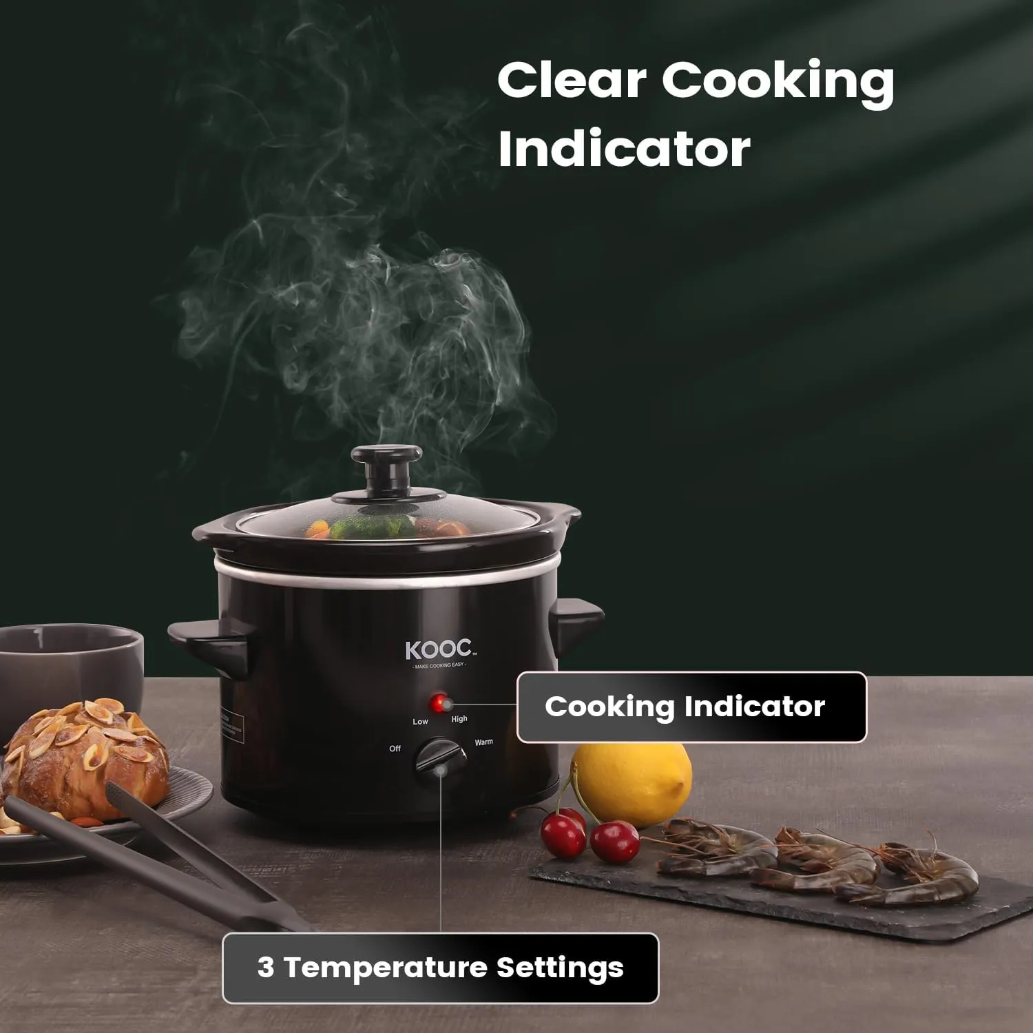 KOOC Small Slow Cooker, 2-Quart, Free Liners Included for Easy Clean-up, Upgraded Ceramic Pot, Adjustable Temp, Nutrient Loss Reduction, Stainless Steel, Black, Round…