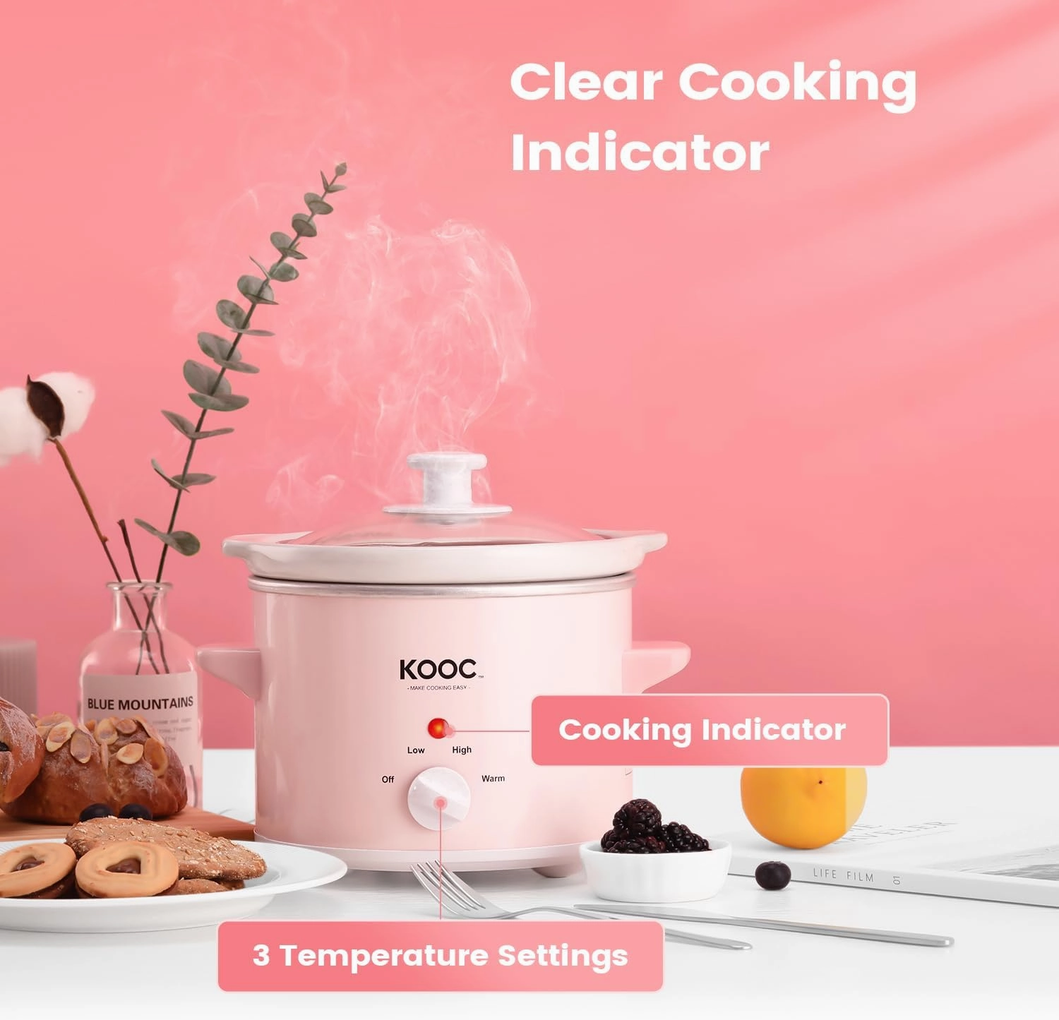 KOOC Small Slow Cooker, 2-Quart, Free Liners Included for Easy Clean-up, Upgraded Ceramic pot, Adjustable Temp, Nutrient Loss Reduction, Stainless Steel, Pink, Round