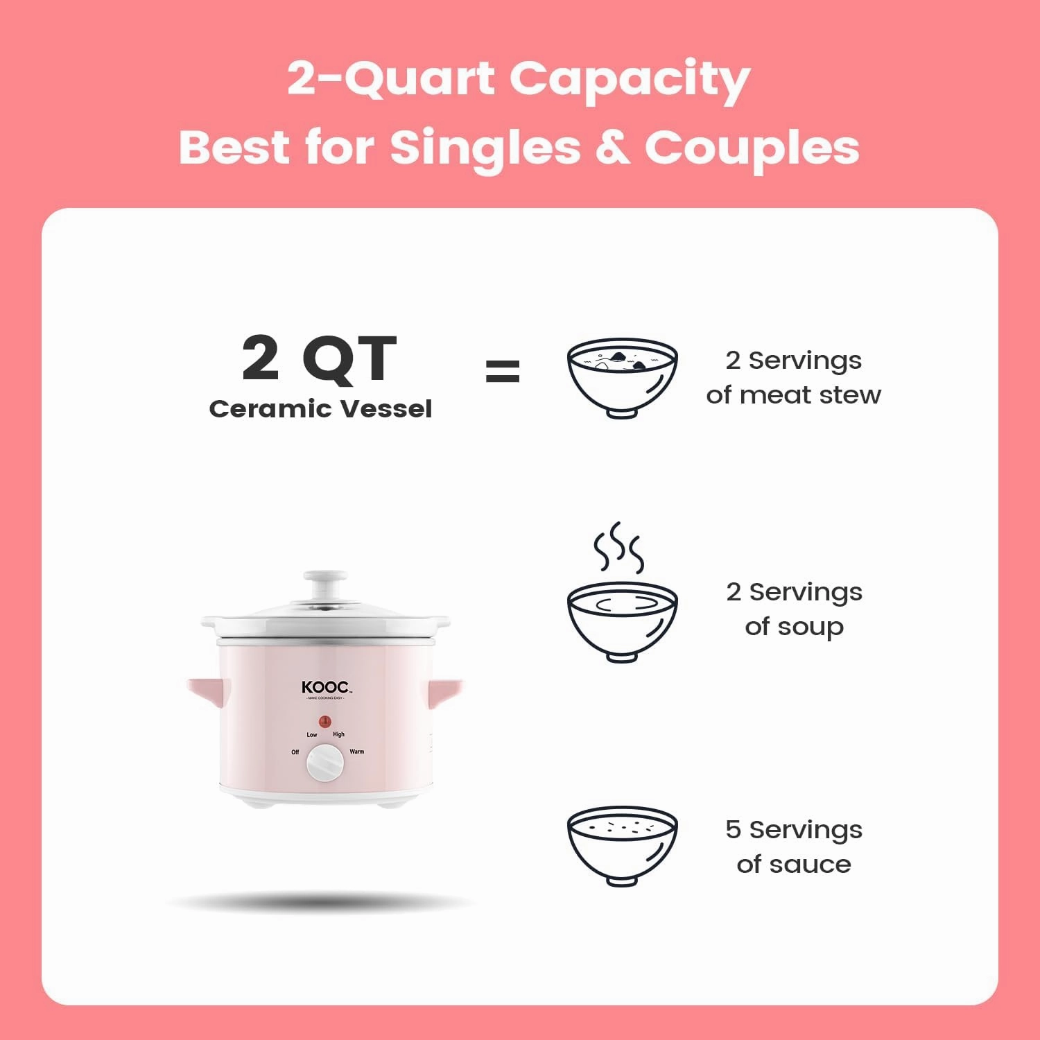 KOOC Small Slow Cooker, 2-Quart, Free Liners Included for Easy Clean-up, Upgraded Ceramic pot, Adjustable Temp, Nutrient Loss Reduction, Stainless Steel, Pink, Round