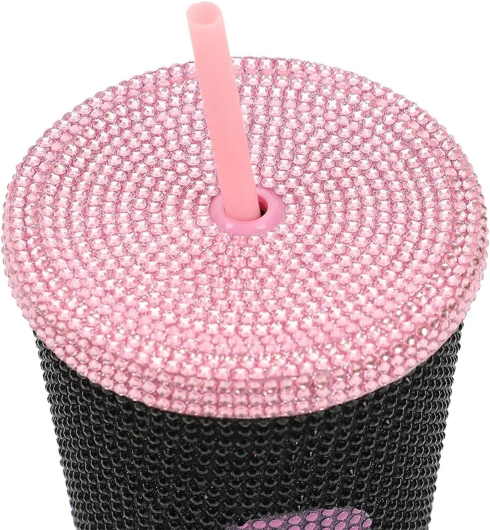 Kuromi Big Face 20 Oz Black Rhinestone-Studded Plastic Tumbler Cup