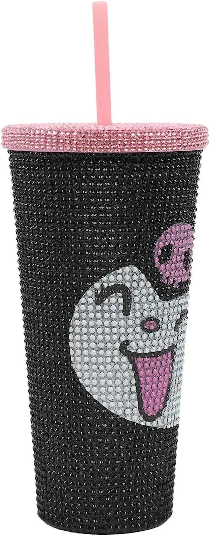 Kuromi Big Face 20 Oz Black Rhinestone-Studded Plastic Tumbler Cup