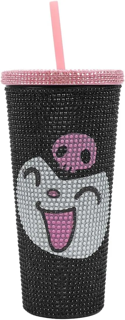 Kuromi Big Face 20 Oz Black Rhinestone-Studded Plastic Tumbler Cup