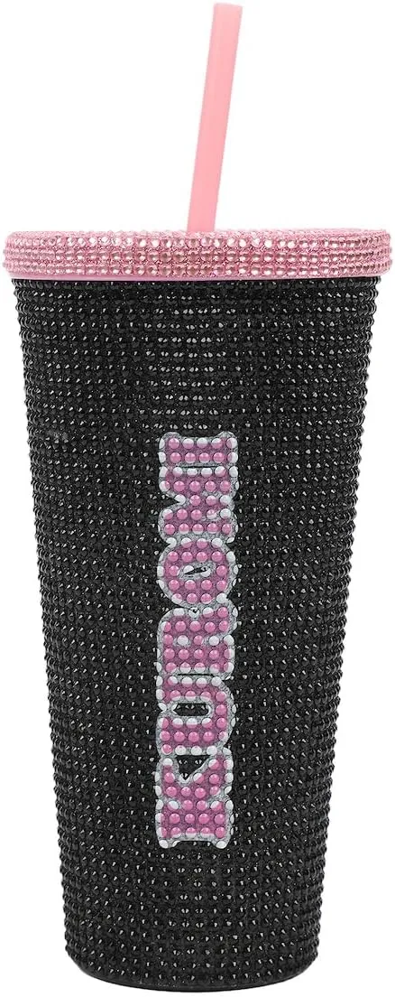 Kuromi Big Face 20 Oz Black Rhinestone-Studded Plastic Tumbler Cup