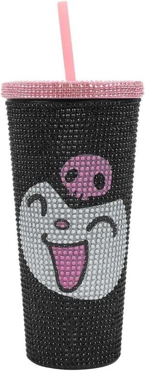 Kuromi Big Face 20 Oz Black Rhinestone-Studded Plastic Tumbler Cup