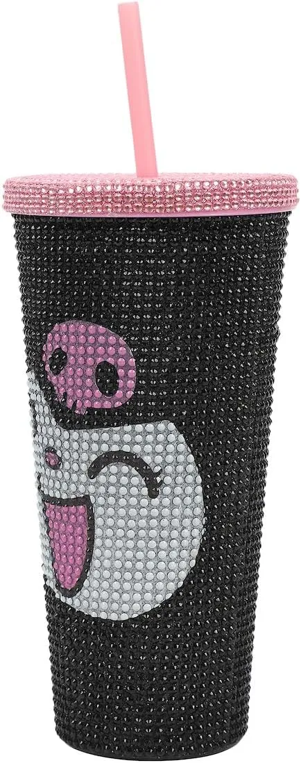 Kuromi Big Face 20 Oz Black Rhinestone-Studded Plastic Tumbler Cup
