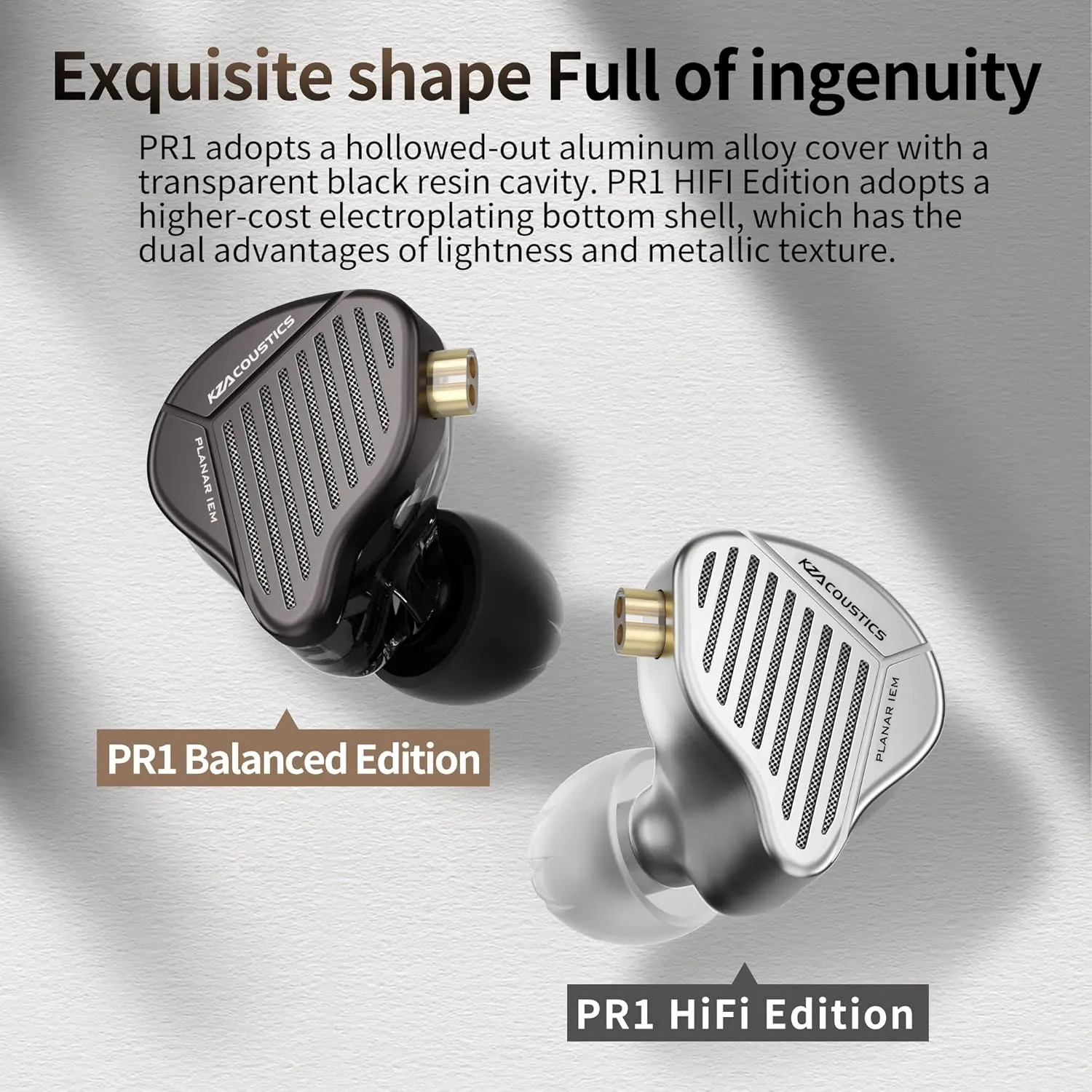 KZ PR1 in-Ear Headphones Earbuds, Large Planar Drivers HiFi Wired Earphones/Headsets for Music, KZ IEM Ear Buds for Audiphile (Grey, Without Mic)