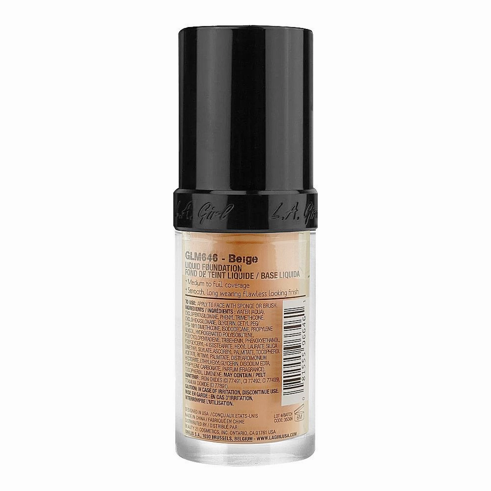 L.A. Girl Pro Coverage HD Long Wear Illuminating Liquid Foundation, 28ml,  GLM646 Beige