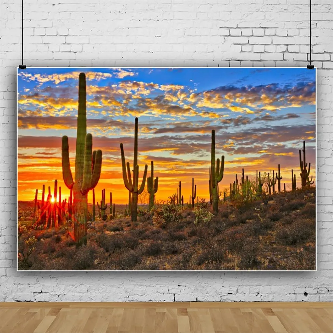 Laeacco 10x7ft Desert Scenery Backdrop Desert Gobi Sunset Prickly Cactus Saguaro Western Wilderness Photography Background Outdoor Travel Adventure Cowboys Children Adult Portrait Photo Booth Props