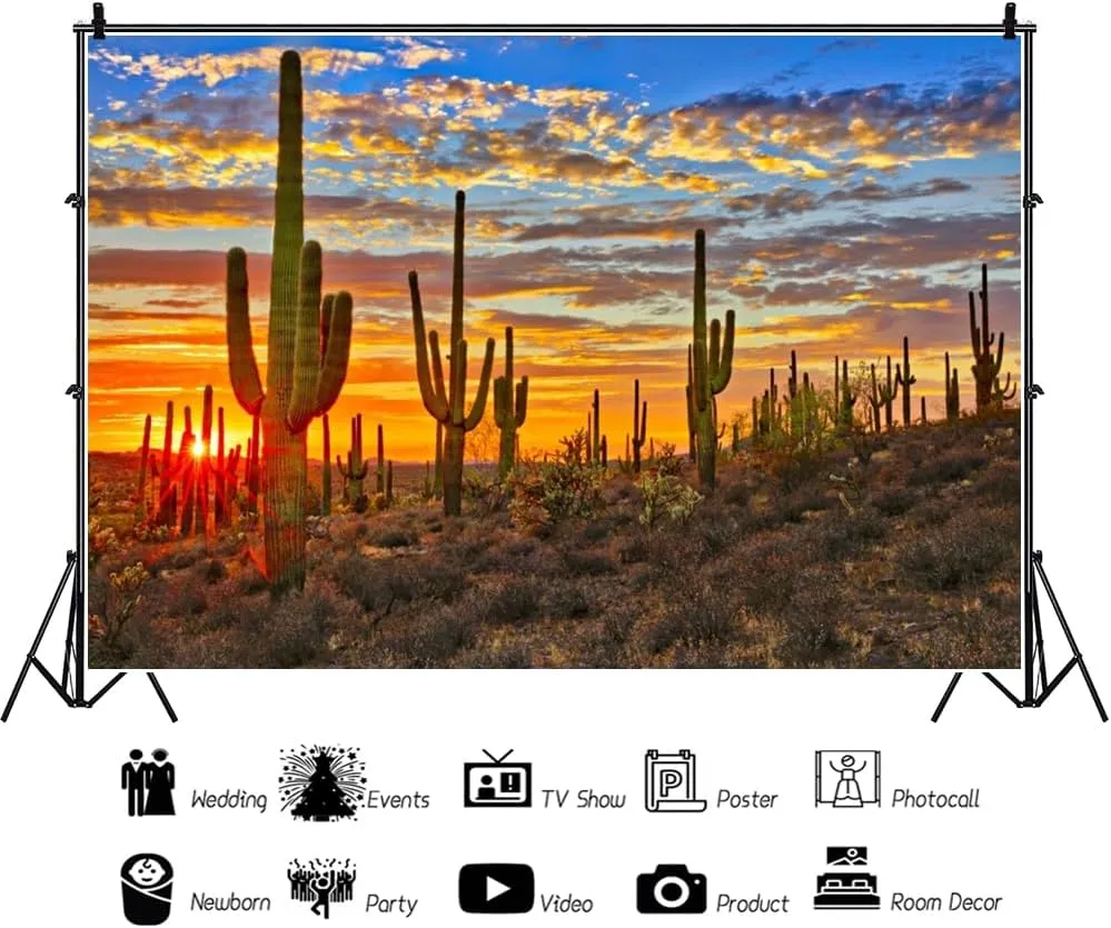 Laeacco 10x7ft Desert Scenery Backdrop Desert Gobi Sunset Prickly Cactus Saguaro Western Wilderness Photography Background Outdoor Travel Adventure Cowboys Children Adult Portrait Photo Booth Props