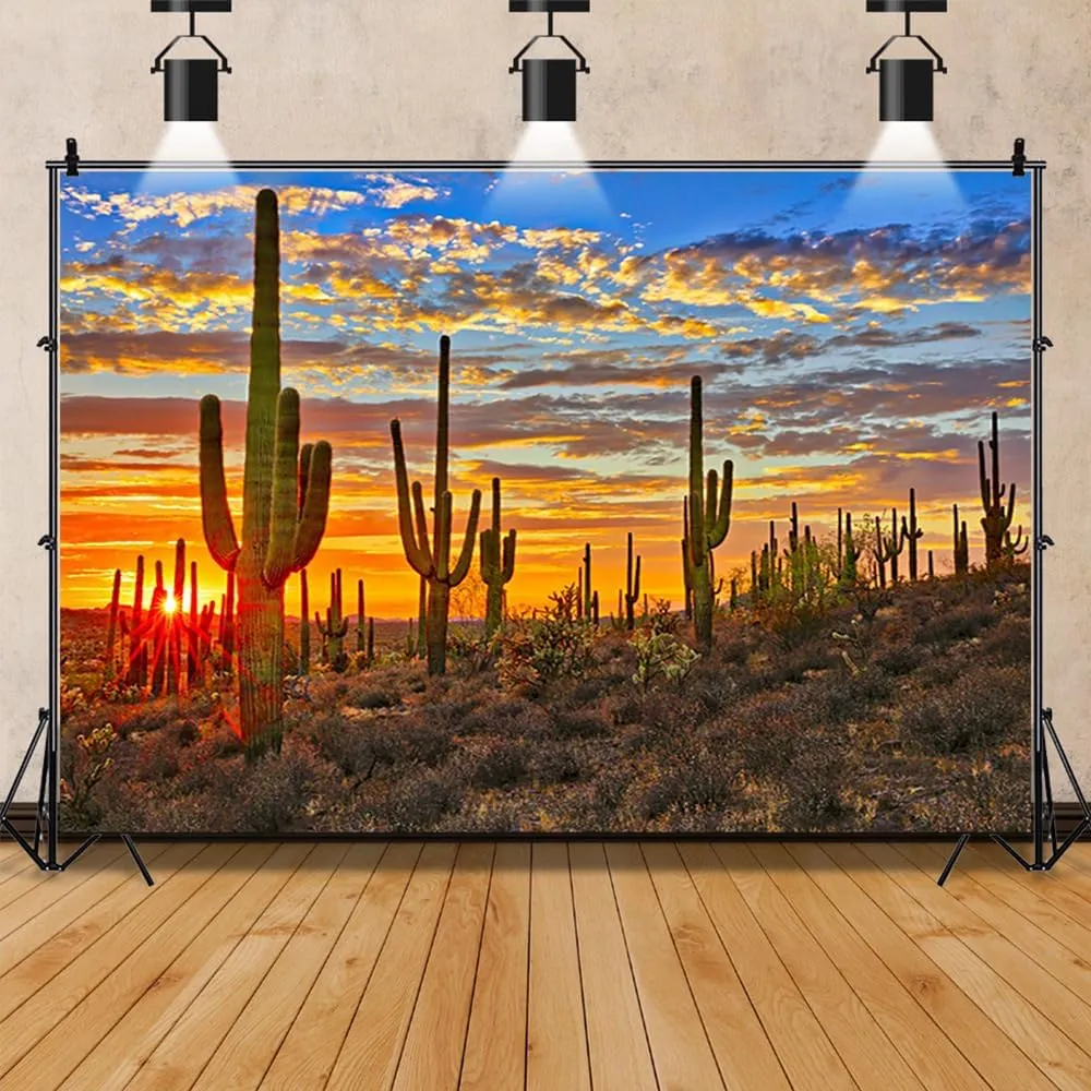 Laeacco 10x7ft Desert Scenery Backdrop Desert Gobi Sunset Prickly Cactus Saguaro Western Wilderness Photography Background Outdoor Travel Adventure Cowboys Children Adult Portrait Photo Booth Props
