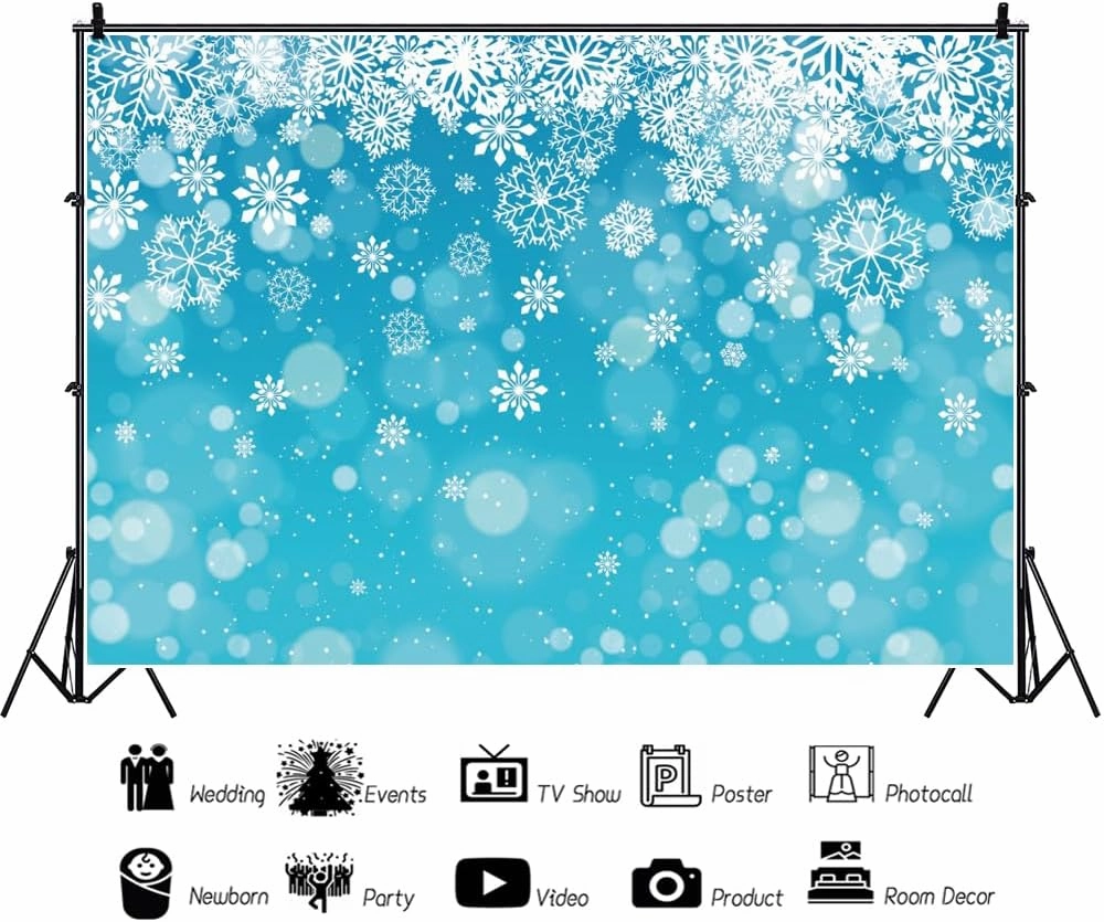 Laeacco 7x5ft Winter Snowflake Backdrop Merry Christmas Ice Blue Bokeh Frozen Snow Wonderland Photography Background Xmas Eve Baby Shower Birthday Party Decor Kids Adults Portrait Photo Booth Props