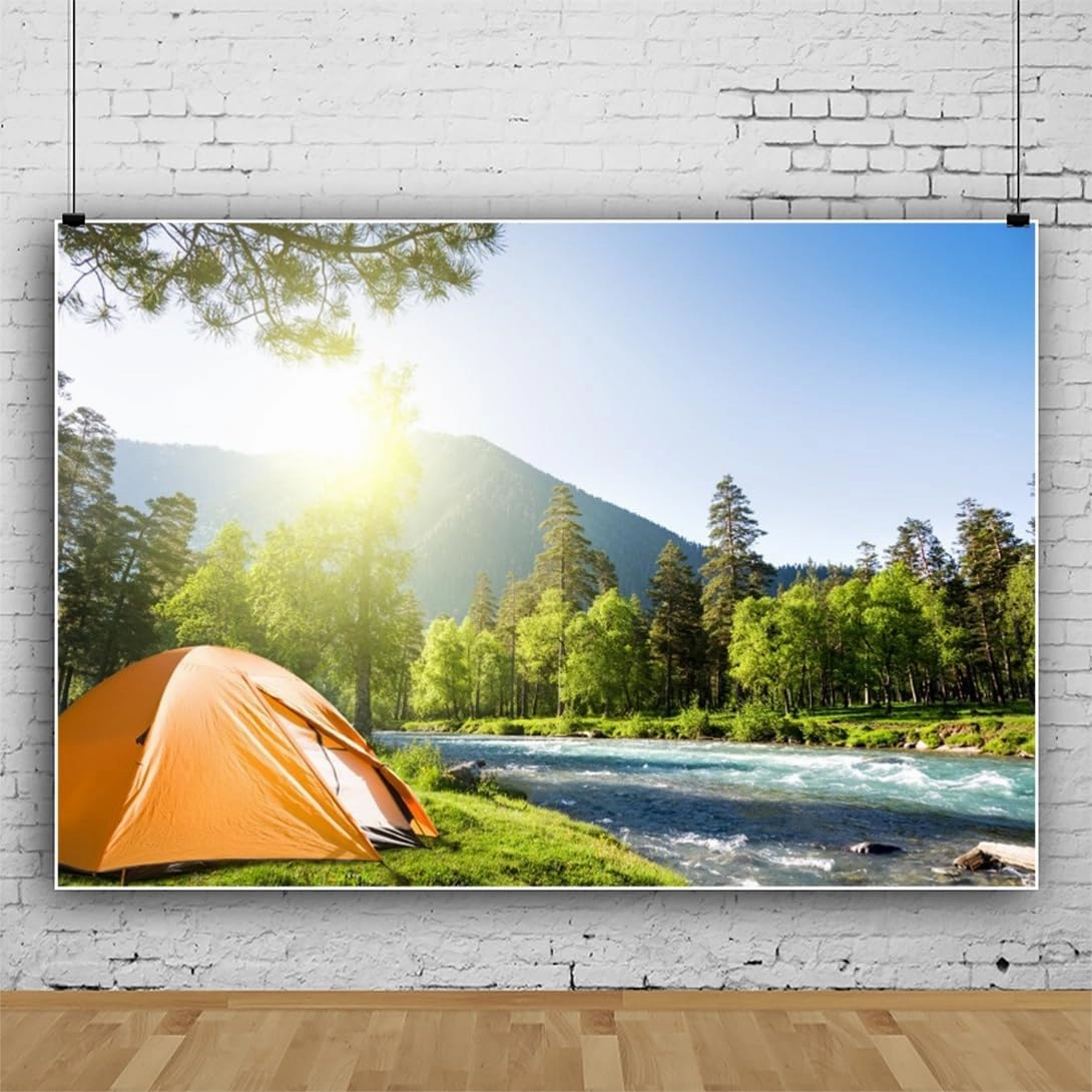 Laeacco 8x6ft Outdoor Camping Backdrop Riverside Grassland Forest Mountain Sunshine Nature Landscape Camp Tents Photography Background Kids Adults Travel Vacation Portrait Banner Photo Booth Props