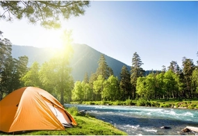 Laeacco 8x6ft Outdoor Camping Backdrop Riverside Grassland Forest Mountain Sunshine Nature Landscape Camp Tents Photography Background Kids Adults Travel Vacation Portrait Banner Photo Booth Props