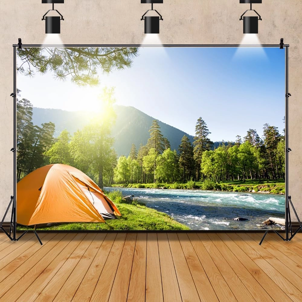 Laeacco 8x6ft Outdoor Camping Backdrop Riverside Grassland Forest Mountain Sunshine Nature Landscape Camp Tents Photography Background Kids Adults Travel Vacation Portrait Banner Photo Booth Props