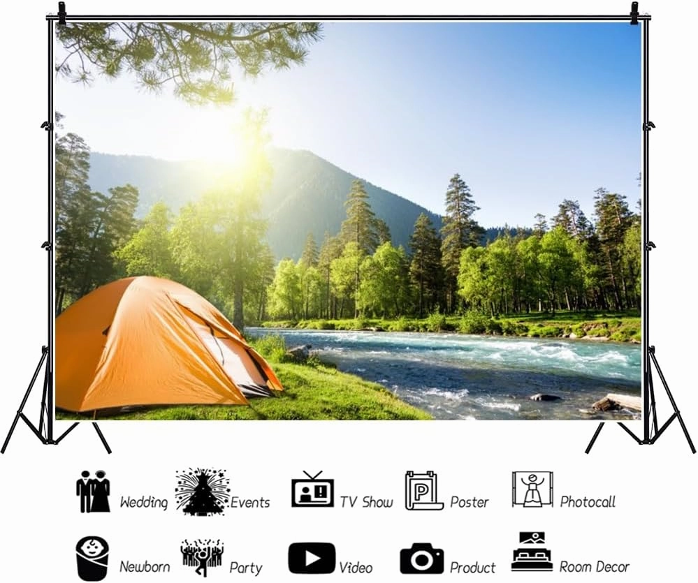 Laeacco 8x6ft Outdoor Camping Backdrop Riverside Grassland Forest Mountain Sunshine Nature Landscape Camp Tents Photography Background Kids Adults Travel Vacation Portrait Banner Photo Booth Props