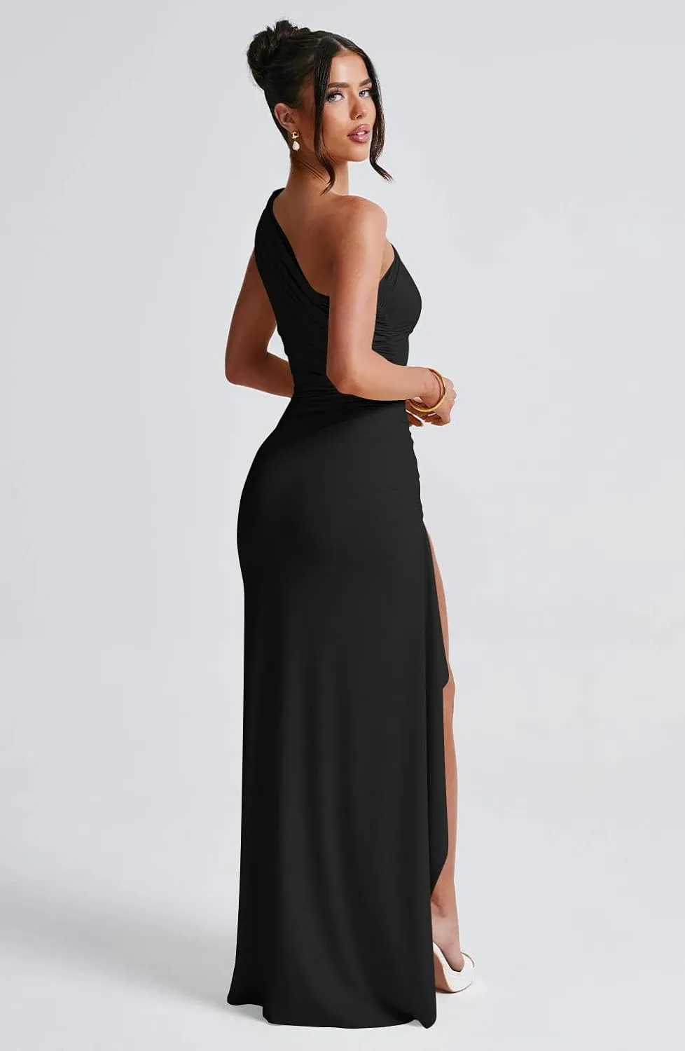 LAGSHIAN Women's Summer Sexy Bodycon One Shoulder High Split Ruched Cocktail Party Long Dress
