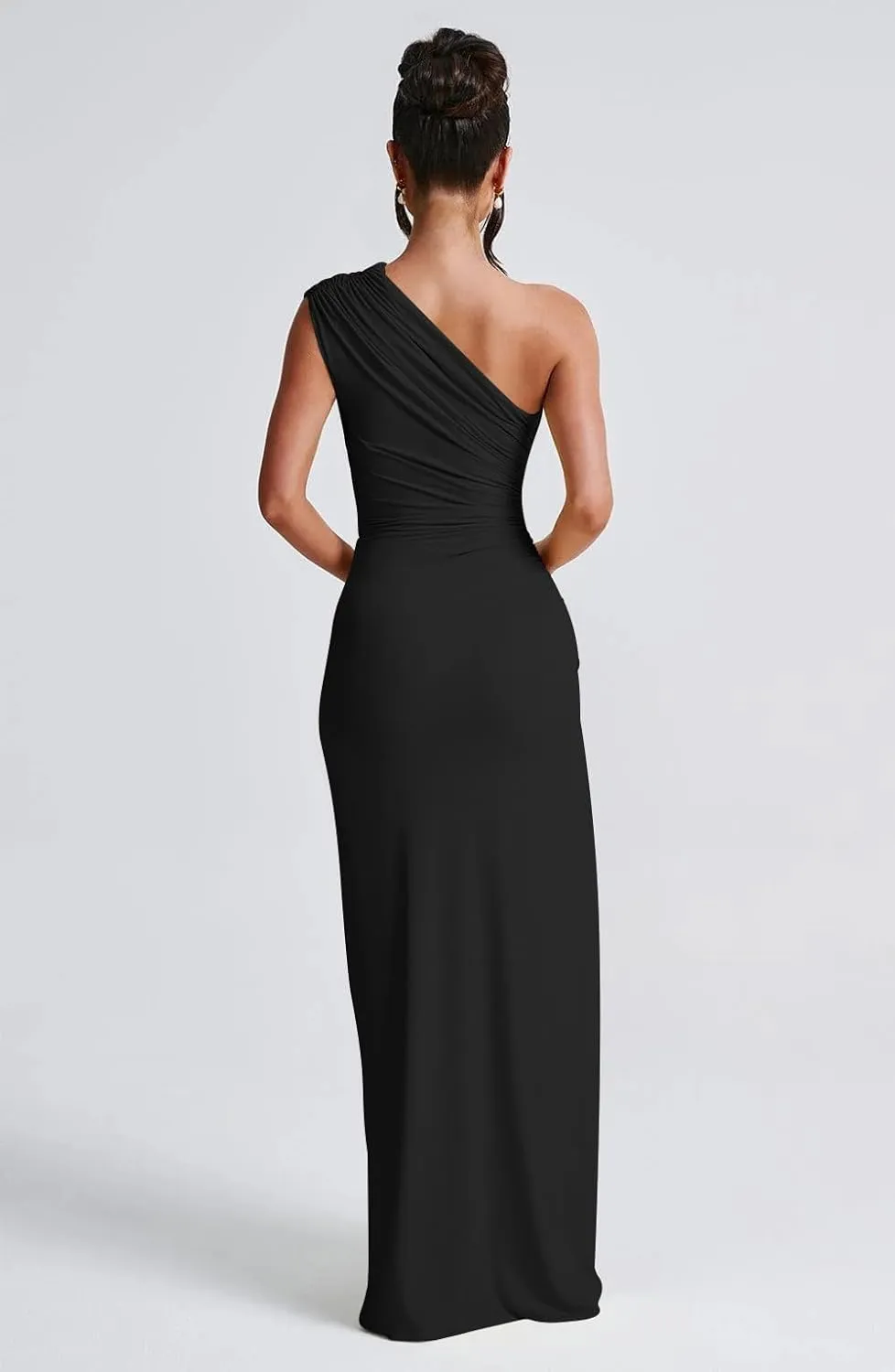 LAGSHIAN Women's Summer Sexy Bodycon One Shoulder High Split Ruched Cocktail Party Long Dress