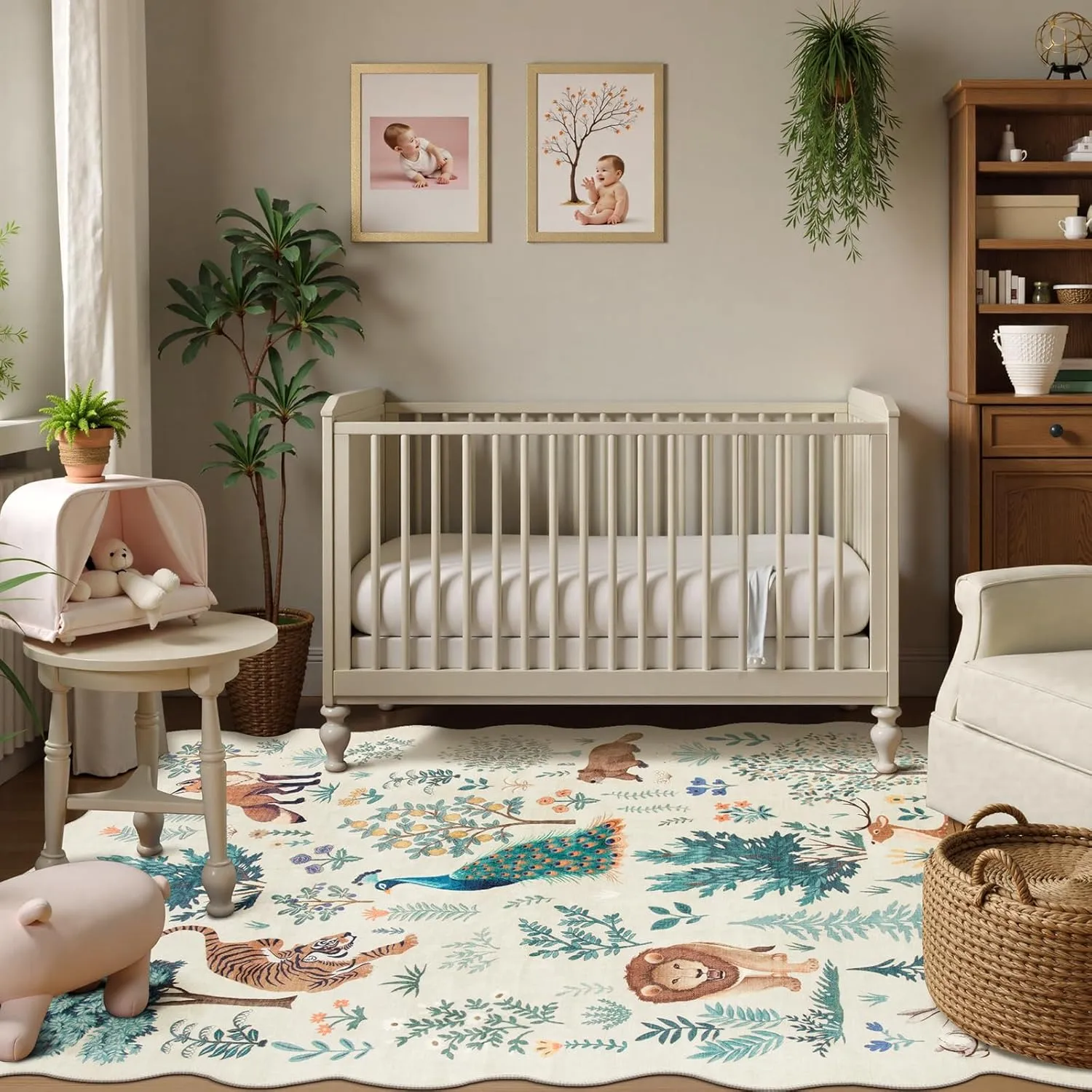 Lahome Jungle Area Rugs 5x7, Kids Rug for Bedroom Girls Machine Carpet for Living Room Ultra-Thin Non Slip, Animal Print Beige Cute Carpet for Kids Nursery Neutral Playroom Office (Beige, 5'x7')