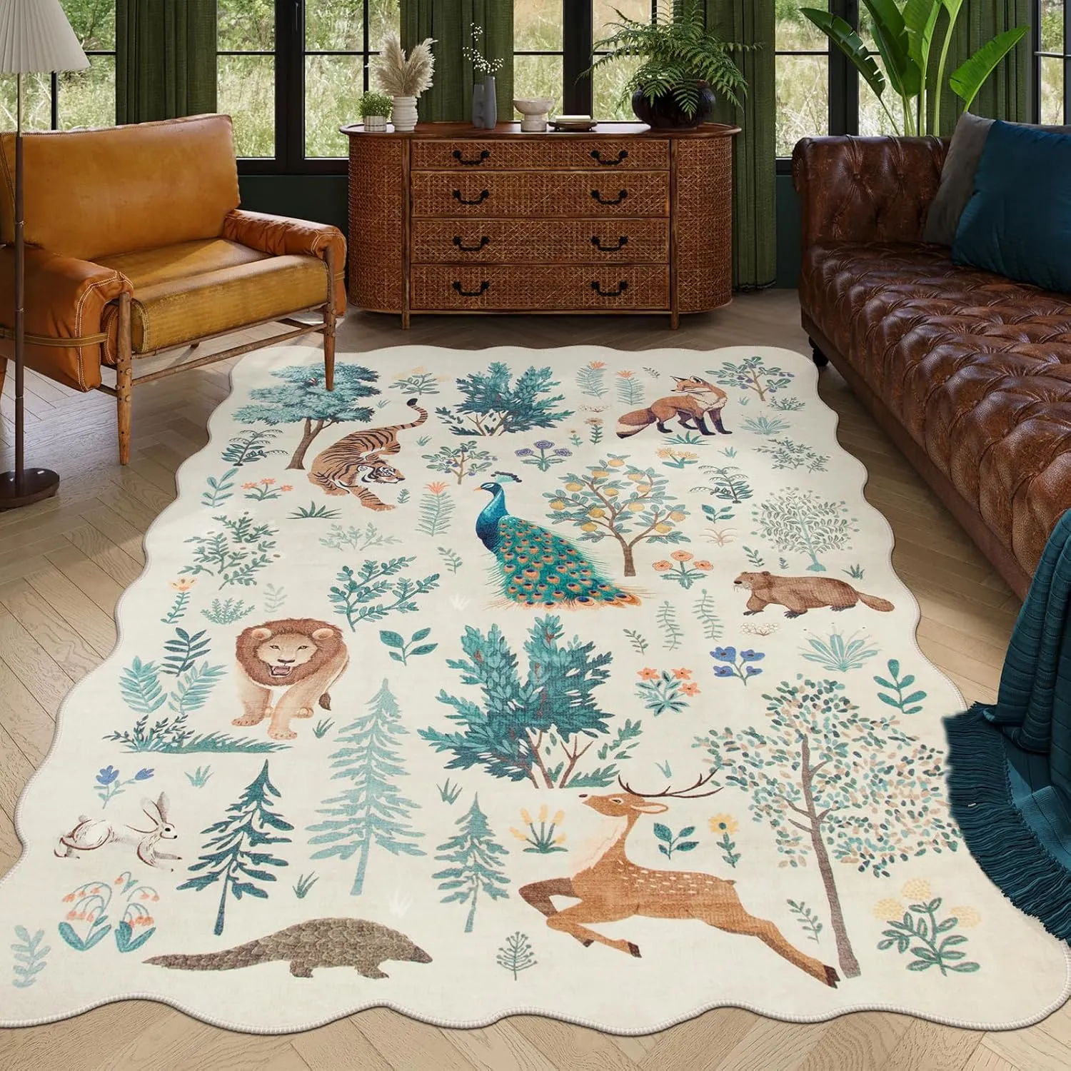 Lahome Jungle Area Rugs 5x7, Kids Rug for Bedroom Girls Machine Carpet for Living Room Ultra-Thin Non Slip, Animal Print Beige Cute Carpet for Kids Nursery Neutral Playroom Office (Beige, 5'x7')