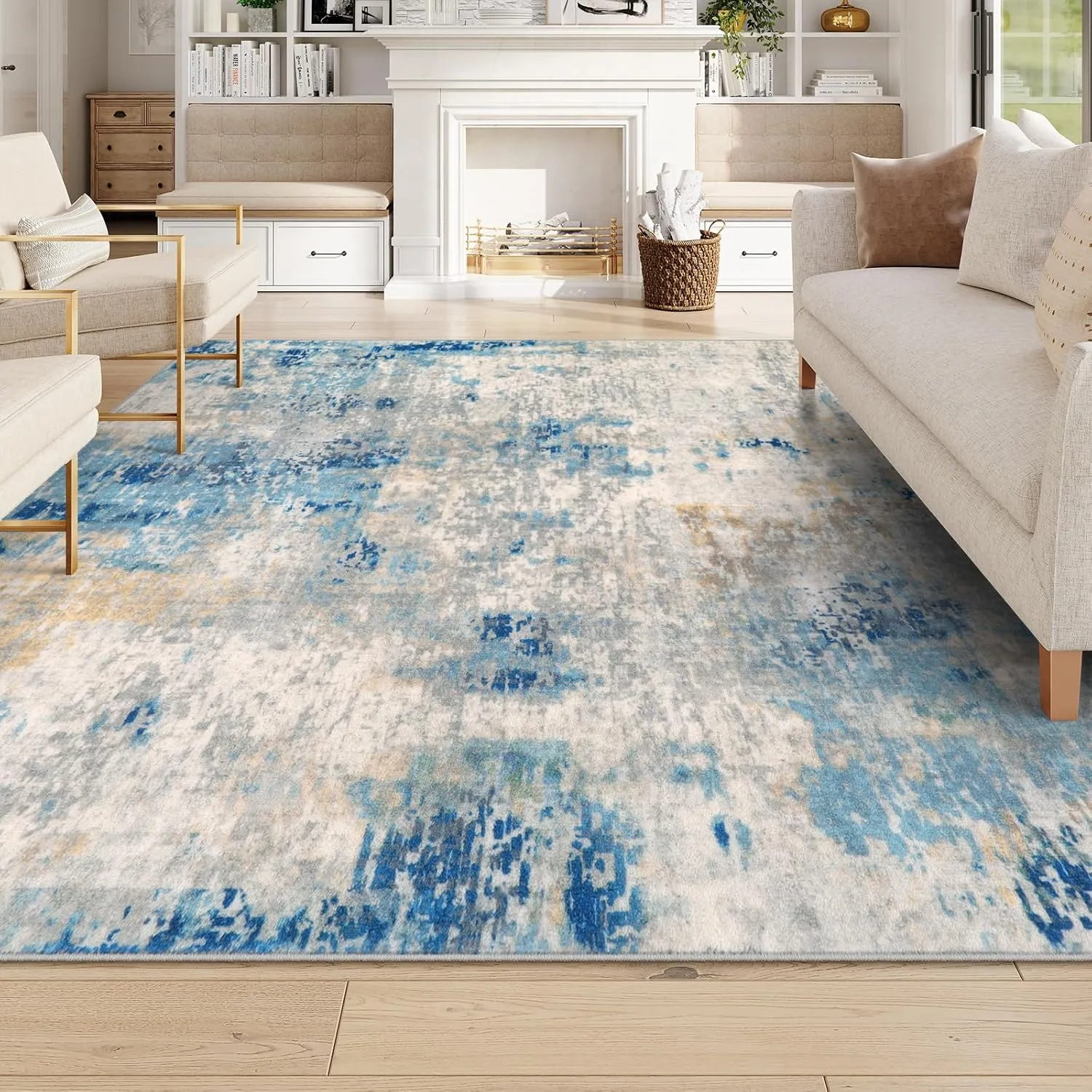 Lahome Modern Abstract Living Room Rug, Washable 8x10 Area Rugs for Bedroom Stain Resistant Non Slip, Large Blue Soft Indoor Carpet for Dining Room Table Apartment, Blue/Grey