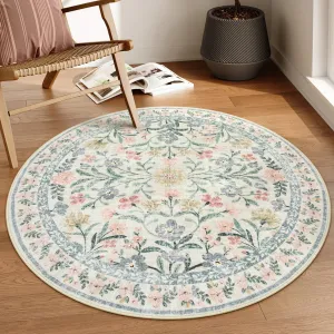 Lahome Round Boho Floral Rugs 4ft, Cream Washable Circle Rugs for Bedroom, Vintage Beige Nursery Circular Carpet, Soft Non-Slip Carpet for Kids Room Playroom, Beige