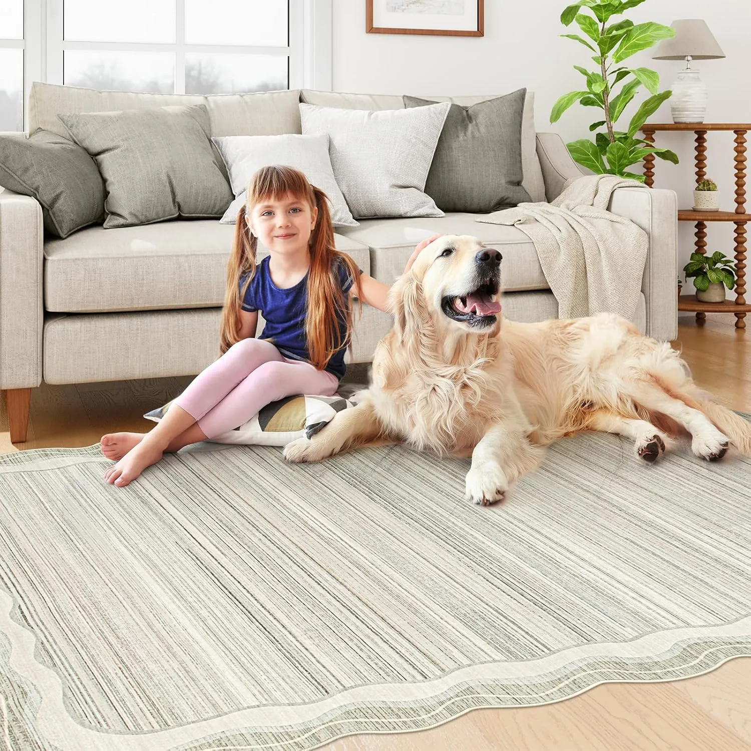 Lahome Scalloped Modern Area Rugs 5x7 Washable Rugs,Large Irregular Beige Living Room Bedroom Rugs,Abstract Minimalist Soft Non-Slip Low-Pile Throw Carpet for Dining Room Home Office(Beige,5x7)