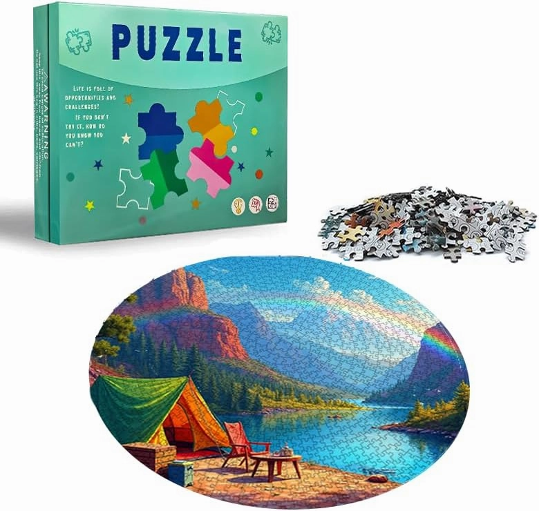 Lakeside Camping with Rainbow 500 Piece Jigsaw Puzzle Unique Interlocking Pieces Fun Vibrant Image 18.9X18.9 Inches