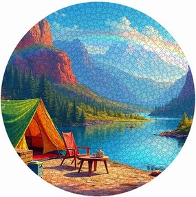 Lakeside Camping with Rainbow 500 Piece Jigsaw Puzzle Unique Interlocking Pieces Fun Vibrant Image 18.9X18.9 Inches