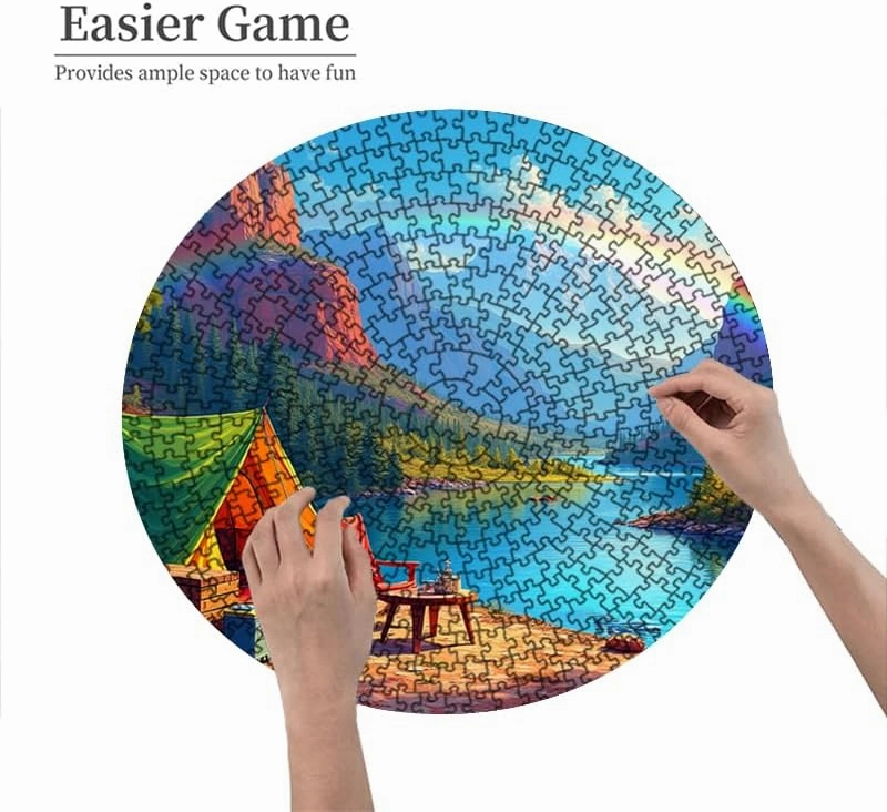 Lakeside Camping with Rainbow 500 Piece Jigsaw Puzzle Unique Interlocking Pieces Fun Vibrant Image 18.9X18.9 Inches
