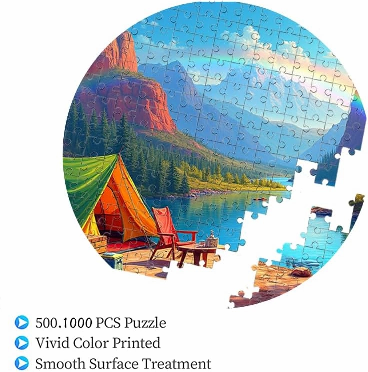 Lakeside Camping with Rainbow 500 Piece Jigsaw Puzzle Unique Interlocking Pieces Fun Vibrant Image 18.9X18.9 Inches