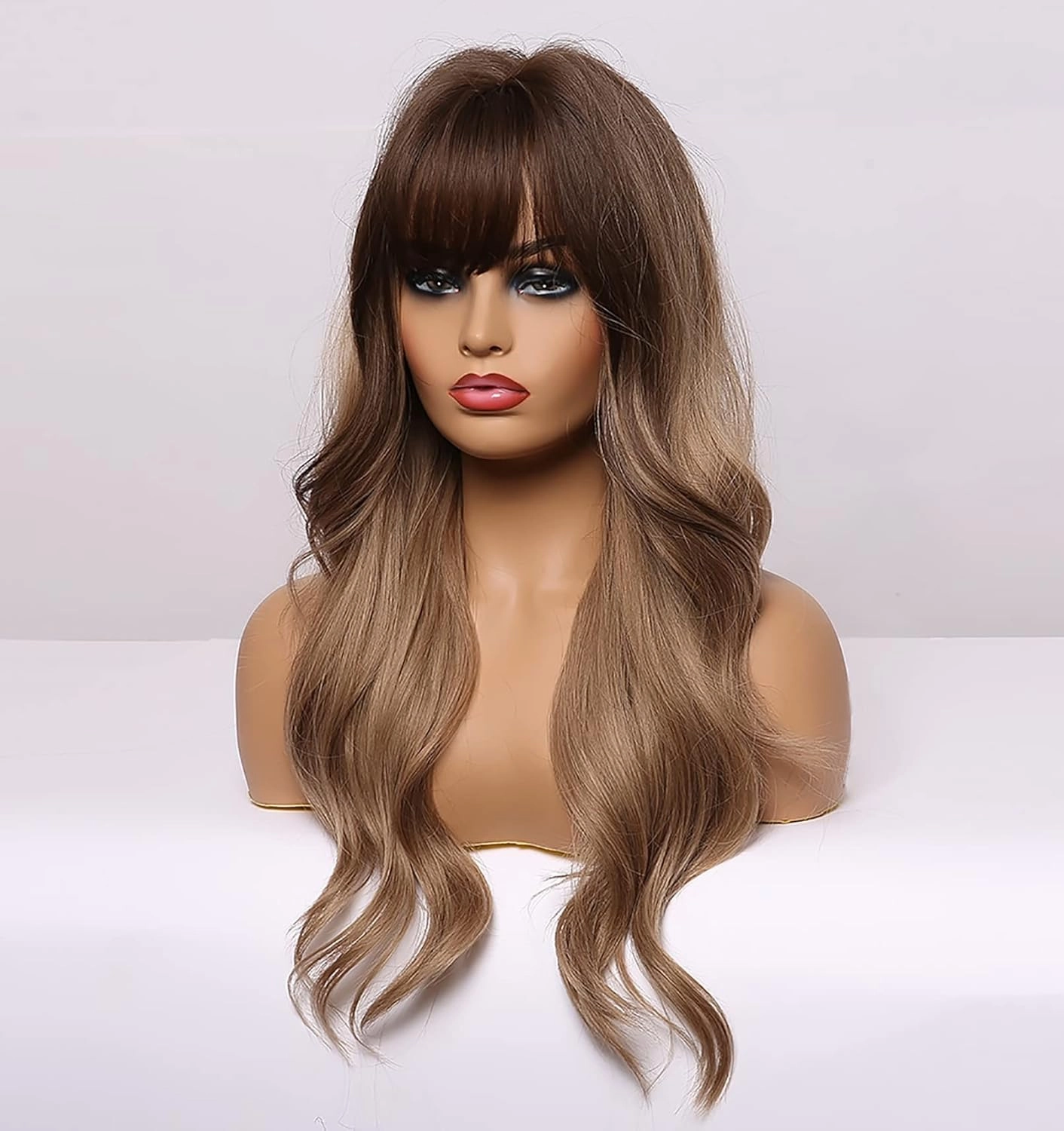 LANOVA Brown Ombre Wig with Bangs, Wig Synthetic Bangs, Long Wig Wavy Hair, Chinese Bang Wig, 22 inch