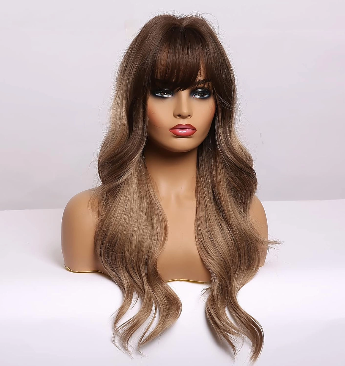 LANOVA Brown Ombre Wig with Bangs, Wig Synthetic Bangs, Long Wig Wavy Hair, Chinese Bang Wig, 22 inch